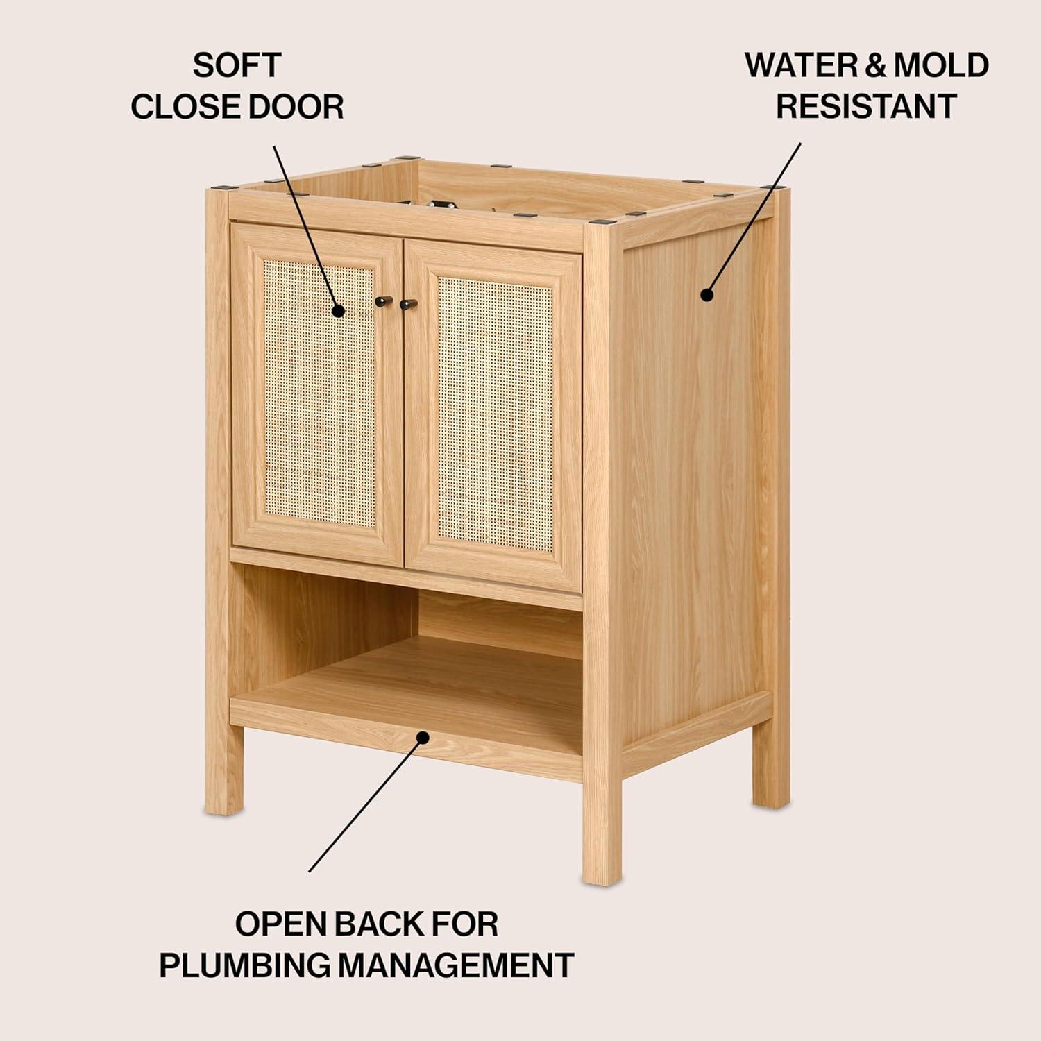 imageJONATHAN Y VAN1024B Jasper 30 in W x 18 in D x 33 in H Rattan Modern Coastal 2Shelf Bathroom Vanity Cabinet Only with Soft Closing Doors Sink Basin Not Included WalnutOak