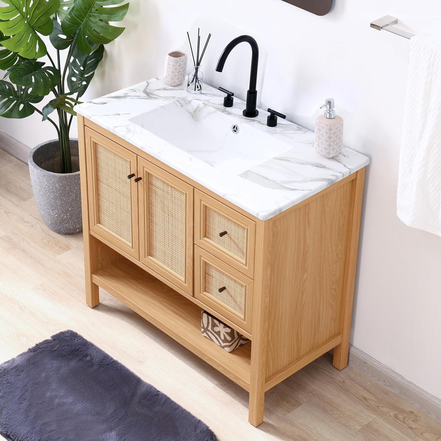 imageJONATHAN Y VAN1024B Jasper 30 in W x 18 in D x 33 in H Rattan Modern Coastal 2Shelf Bathroom Vanity Cabinet Only with Soft Closing Doors Sink Basin Not Included WalnutOak