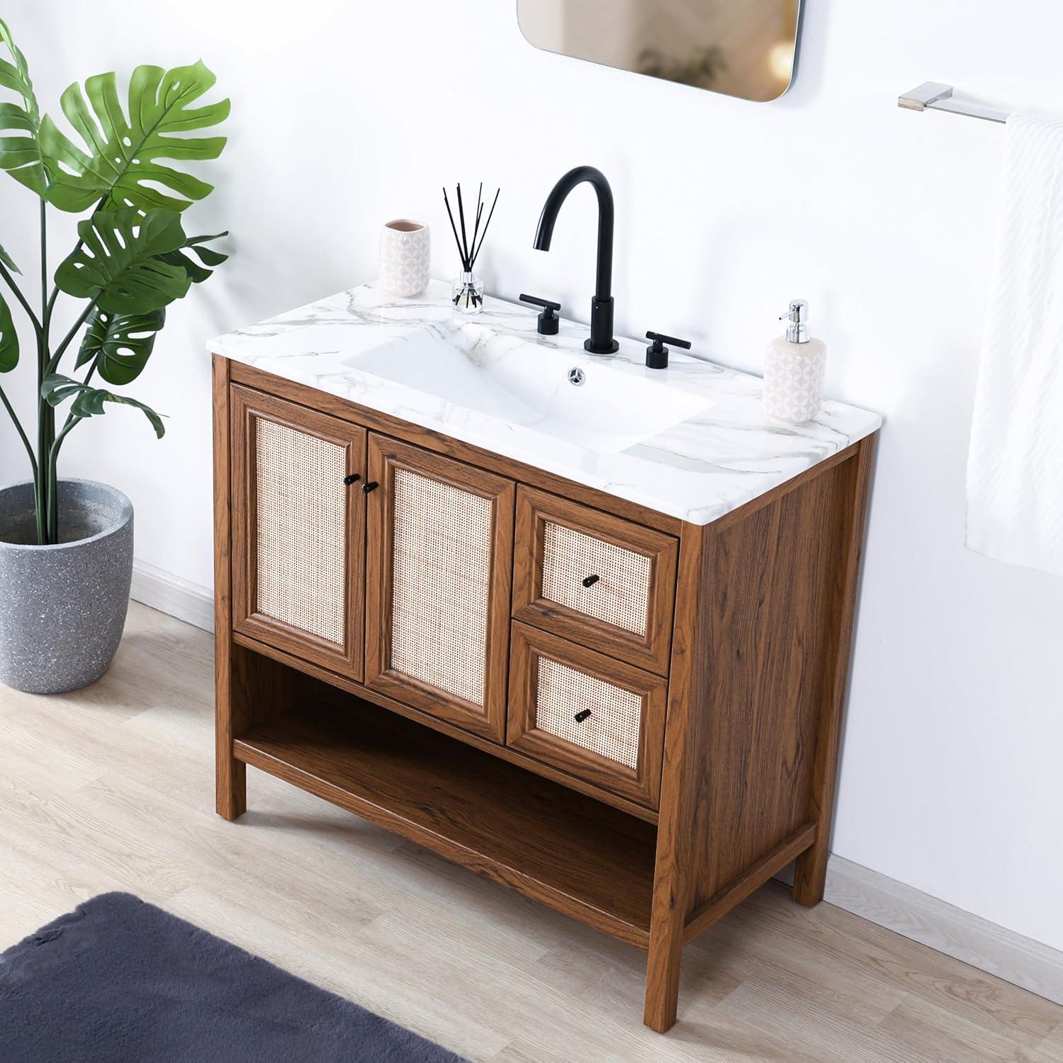 imageJONATHAN Y VAN1024B Jasper 30 in W x 18 in D x 33 in H Rattan Modern Coastal 2Shelf Bathroom Vanity Cabinet Only with Soft Closing Doors Sink Basin Not Included WalnutWalnut