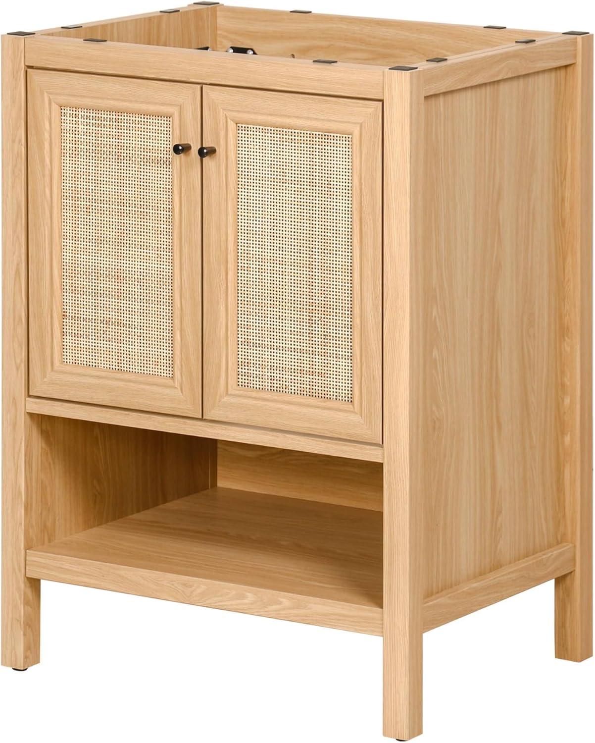 imageJONATHAN Y VAN1024B Jasper 30 in W x 18 in D x 33 in H Rattan Modern Coastal 2Shelf Bathroom Vanity Cabinet Only with Soft Closing Doors Sink Basin Not Included WalnutOak