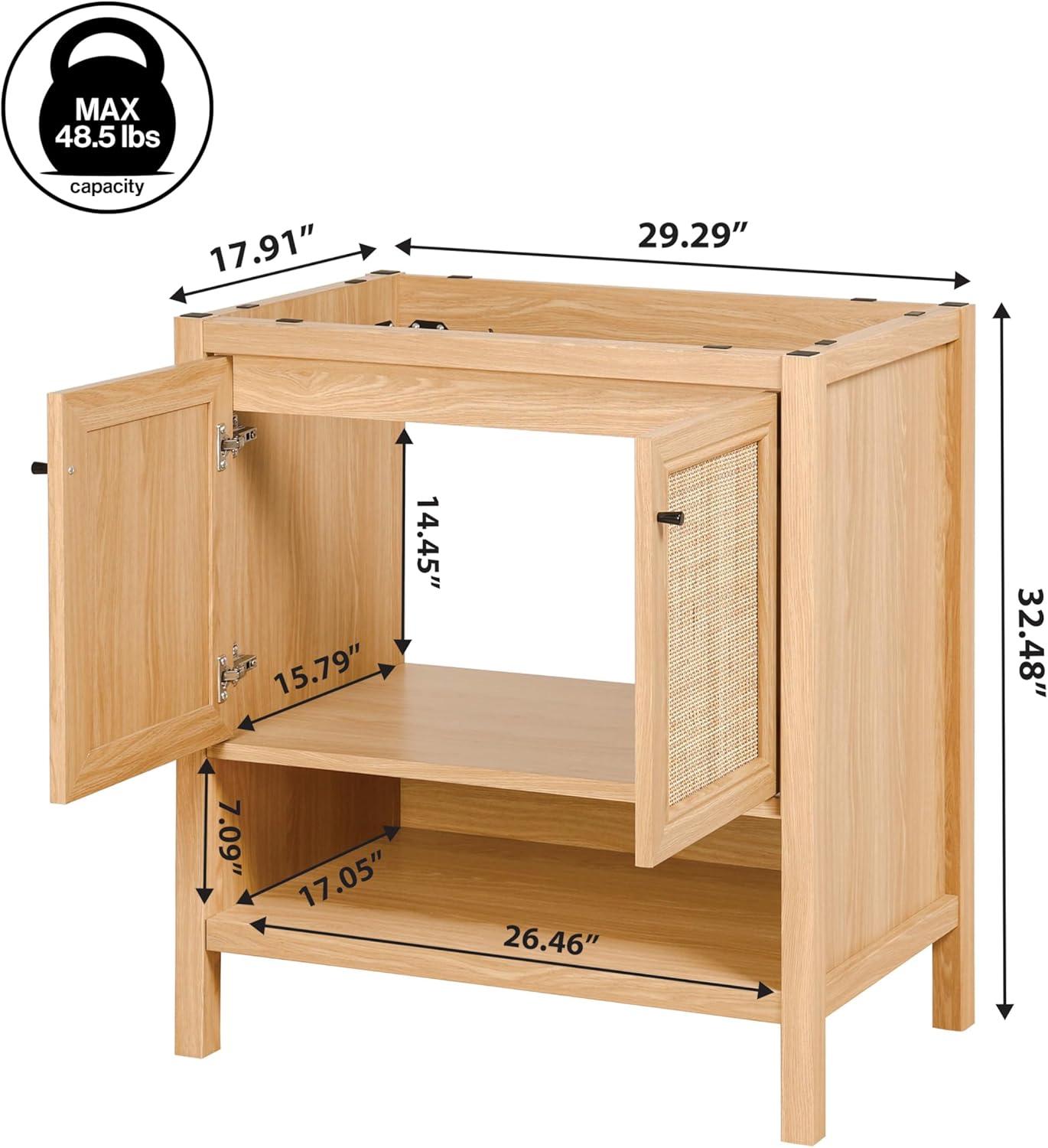 imageJONATHAN Y VAN1024B Jasper 30 in W x 18 in D x 33 in H Rattan Modern Coastal 2Shelf Bathroom Vanity Cabinet Only with Soft Closing Doors Sink Basin Not Included WalnutOak