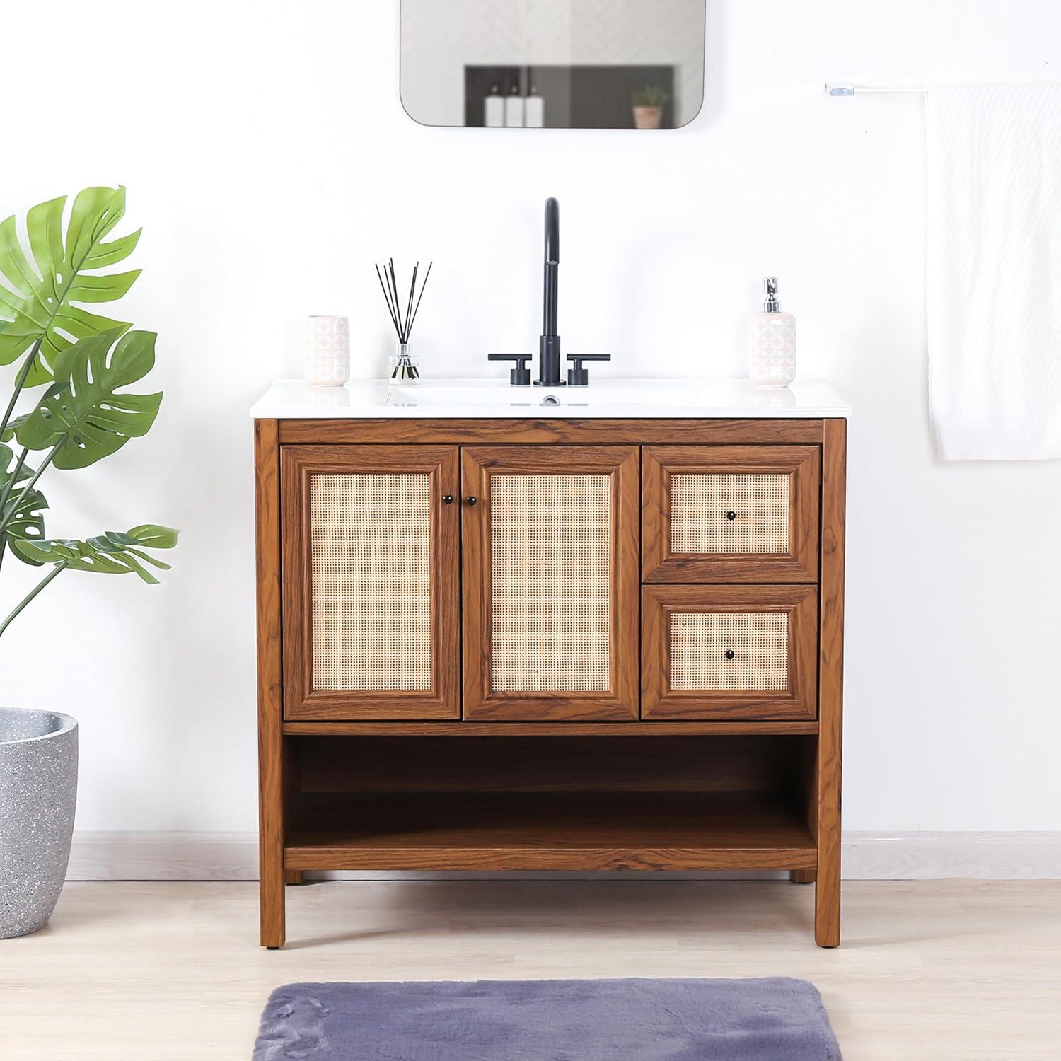 imageJONATHAN Y VAN1024B Jasper 30 in W x 18 in D x 33 in H Rattan Modern Coastal 2Shelf Bathroom Vanity Cabinet Only with Soft Closing Doors Sink Basin Not Included WalnutWalnut