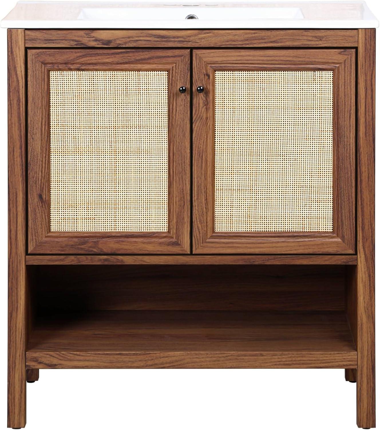 imageJONATHAN Y VAN1024B Jasper 30 in W x 18 in D x 33 in H Rattan Modern Coastal 2Shelf Bathroom Vanity Cabinet Only with Soft Closing Doors Sink Basin Not Included WalnutWalnut