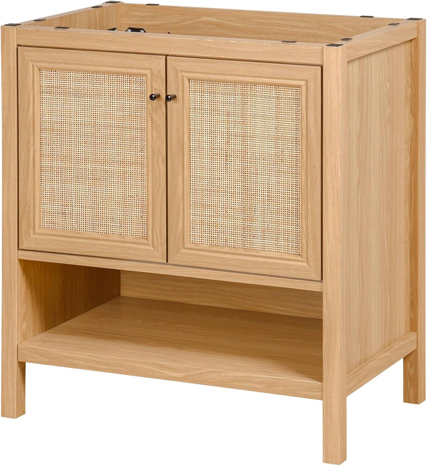 imageJONATHAN Y VAN1024B Jasper 30 in W x 18 in D x 33 in H Rattan Modern Coastal 2Shelf Bathroom Vanity Cabinet Only with Soft Closing Doors Sink Basin Not Included WalnutOak