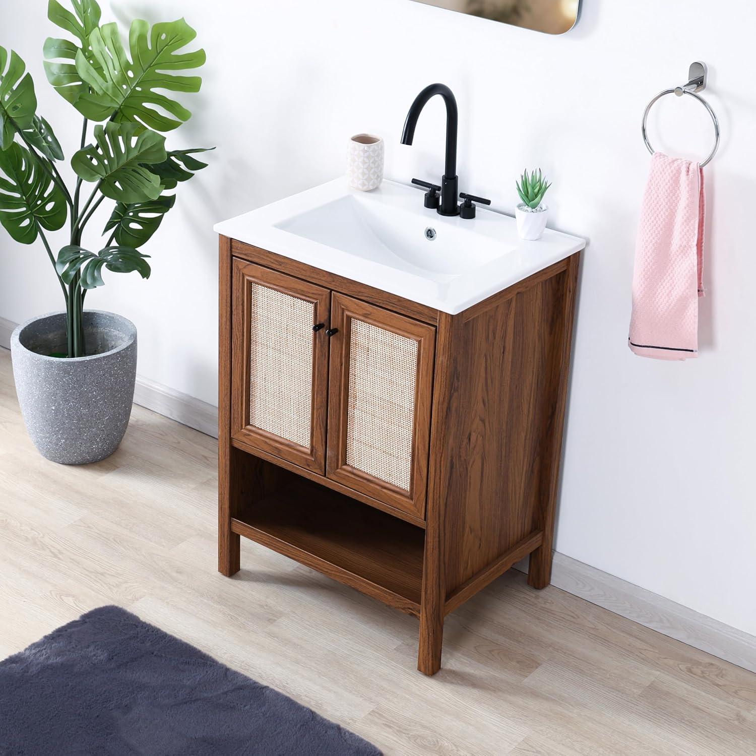 imageJONATHAN Y VAN1024B Jasper 30 in W x 18 in D x 33 in H Rattan Modern Coastal 2Shelf Bathroom Vanity Cabinet Only with Soft Closing Doors Sink Basin Not Included WalnutWalnut