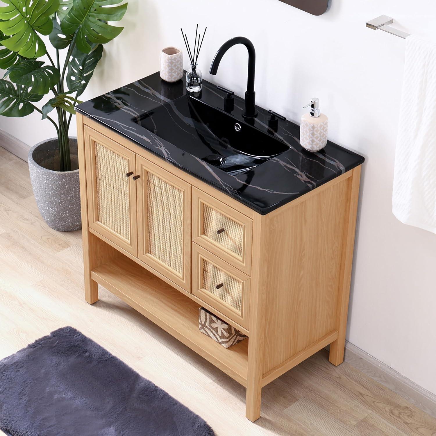 imageJONATHAN Y VAN1024B Jasper 30 in W x 18 in D x 33 in H Rattan Modern Coastal 2Shelf Bathroom Vanity Cabinet Only with Soft Closing Doors Sink Basin Not Included WalnutOak