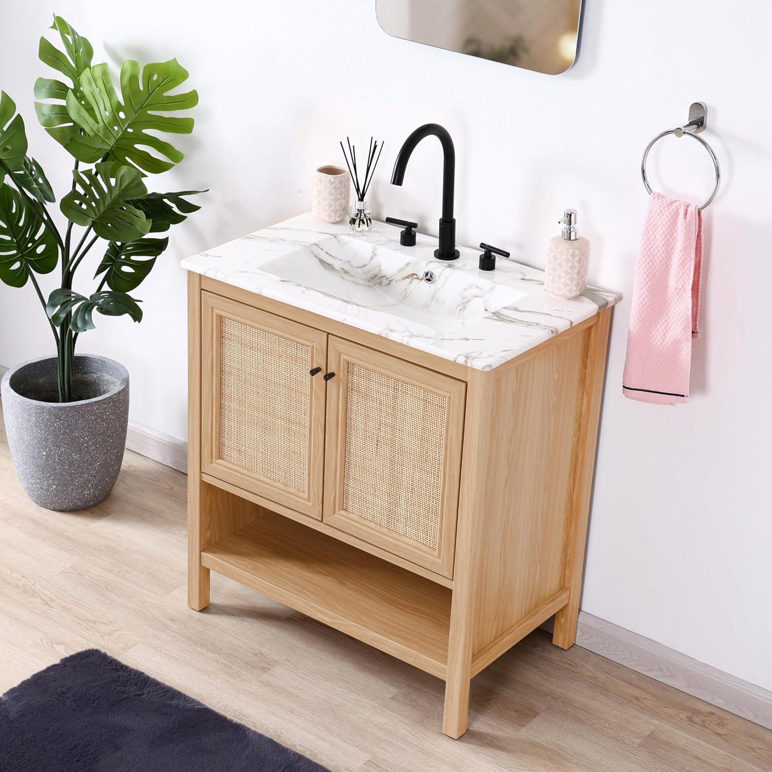 imageJONATHAN Y VAN1024B Jasper 30 in W x 18 in D x 33 in H Rattan Modern Coastal 2Shelf Bathroom Vanity Cabinet Only with Soft Closing Doors Sink Basin Not Included WalnutOak