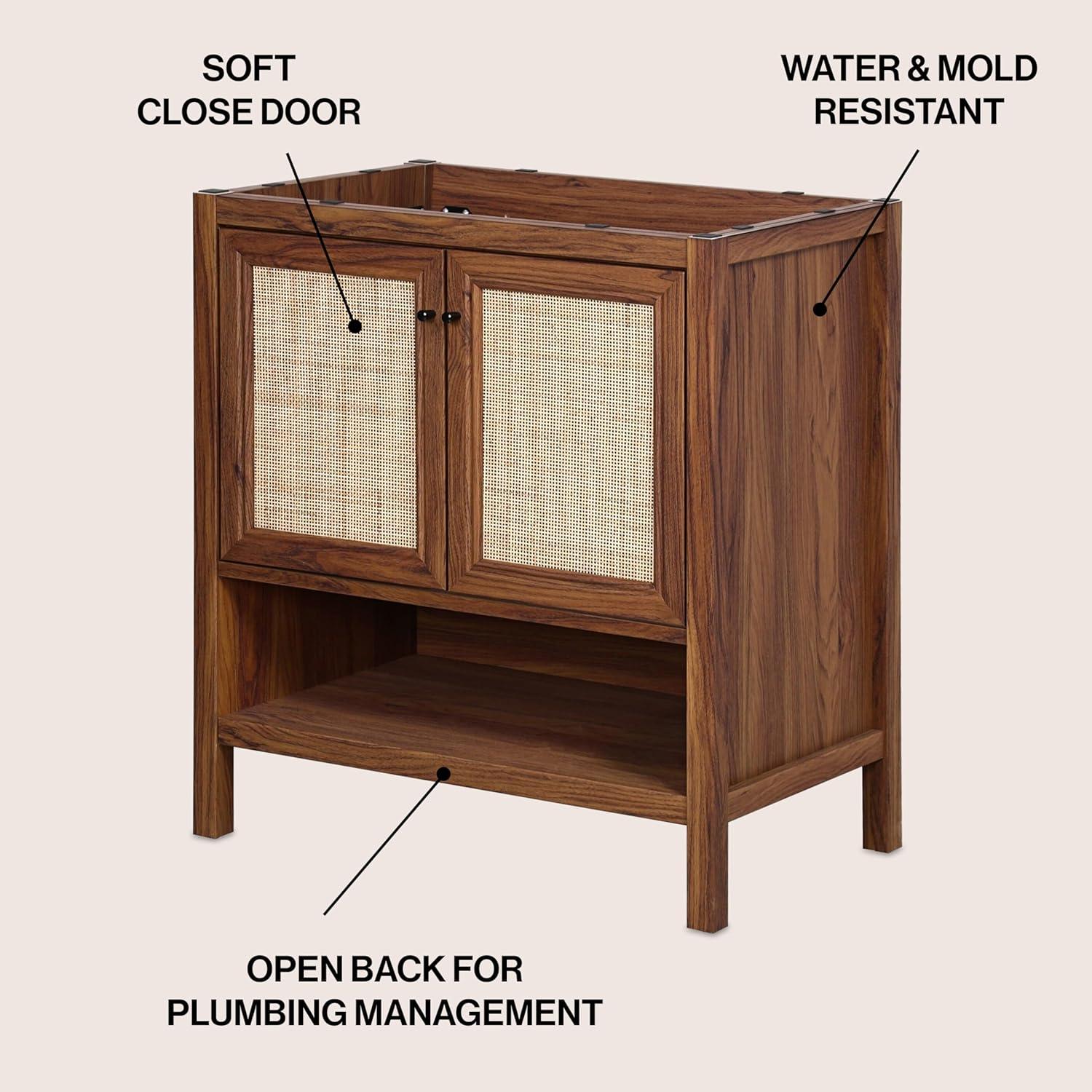 imageJONATHAN Y VAN1024B Jasper 30 in W x 18 in D x 33 in H Rattan Modern Coastal 2Shelf Bathroom Vanity Cabinet Only with Soft Closing Doors Sink Basin Not Included WalnutWalnut