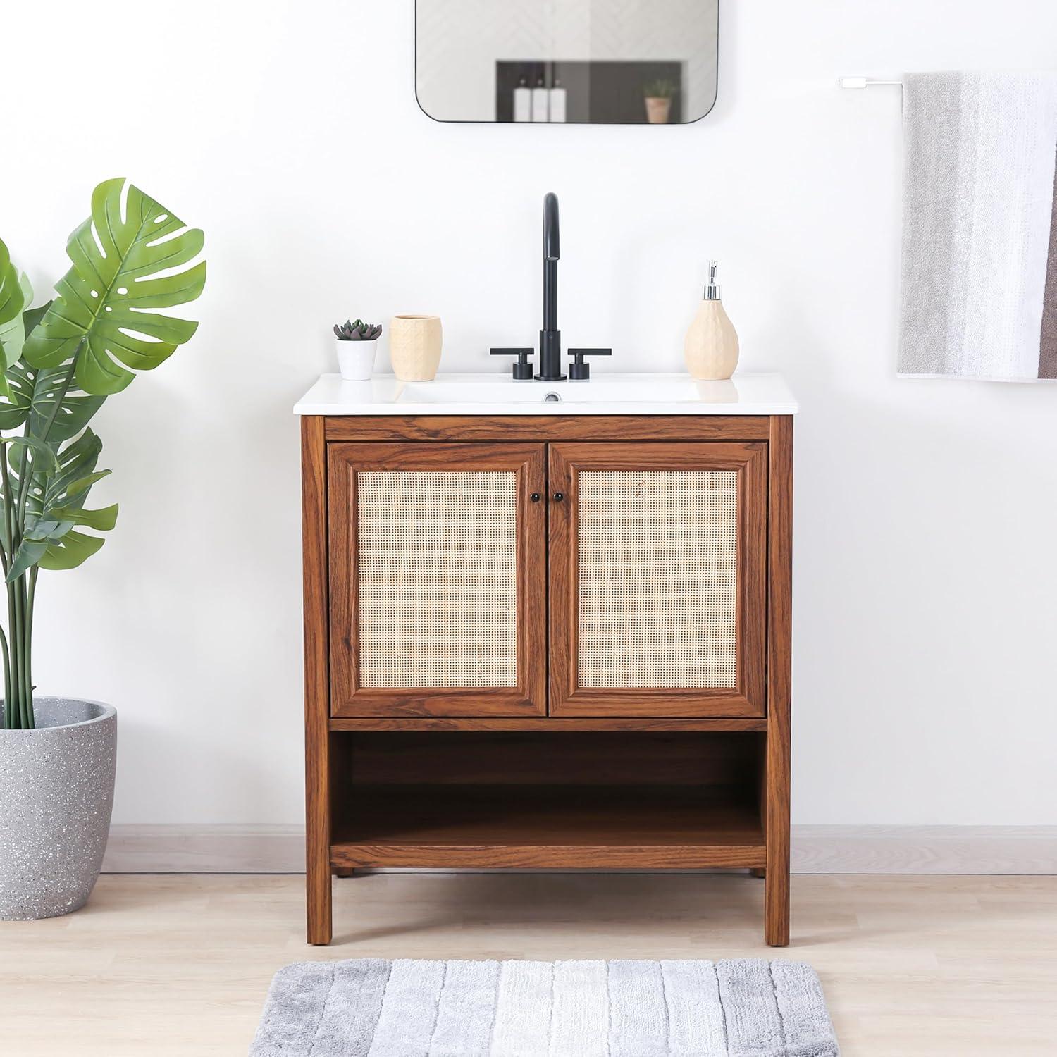 imageJONATHAN Y VAN1024B Jasper 30 in W x 18 in D x 33 in H Rattan Modern Coastal 2Shelf Bathroom Vanity Cabinet Only with Soft Closing Doors Sink Basin Not Included WalnutWalnut