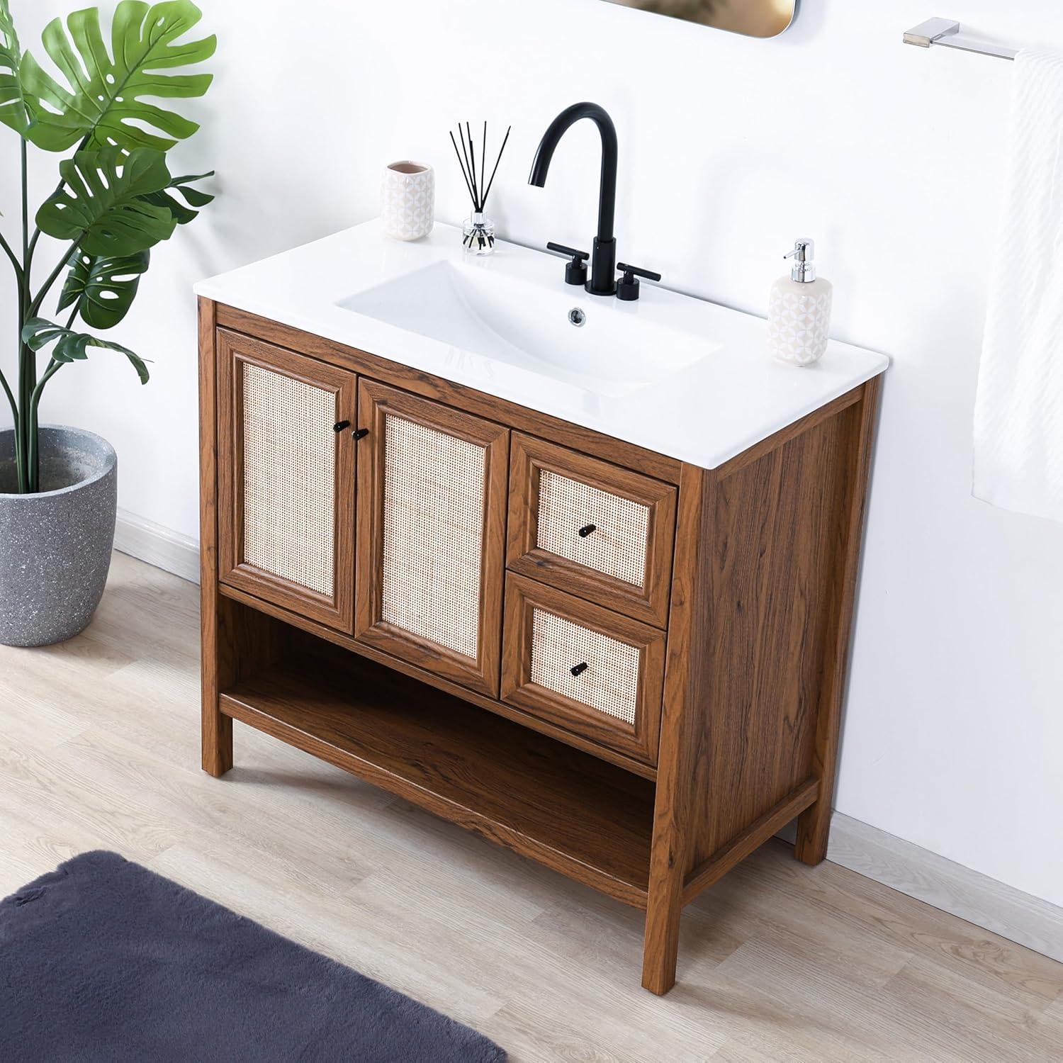 imageJONATHAN Y VAN1024B Jasper 30 in W x 18 in D x 33 in H Rattan Modern Coastal 2Shelf Bathroom Vanity Cabinet Only with Soft Closing Doors Sink Basin Not Included WalnutWalnut