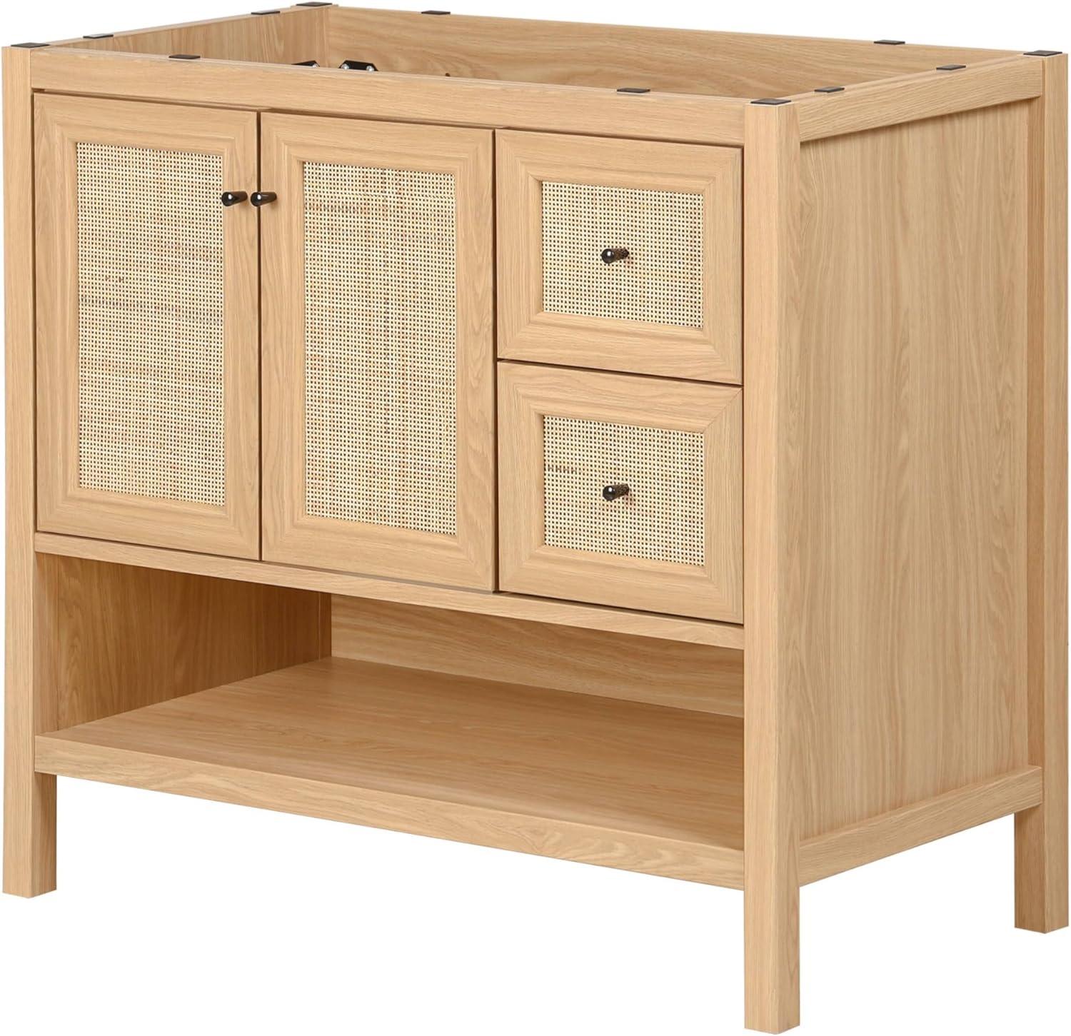 imageJONATHAN Y VAN1024B Jasper 30 in W x 18 in D x 33 in H Rattan Modern Coastal 2Shelf Bathroom Vanity Cabinet Only with Soft Closing Doors Sink Basin Not Included WalnutOak