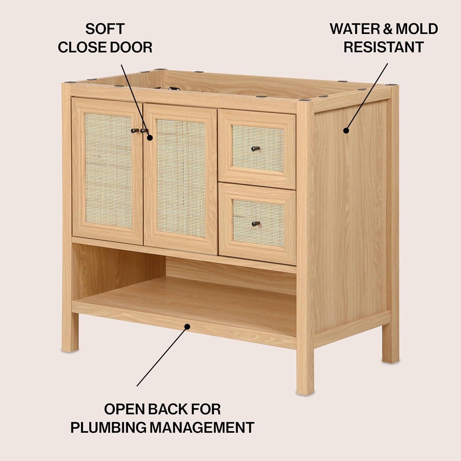 imageJONATHAN Y VAN1024B Jasper 30 in W x 18 in D x 33 in H Rattan Modern Coastal 2Shelf Bathroom Vanity Cabinet Only with Soft Closing Doors Sink Basin Not Included WalnutOak