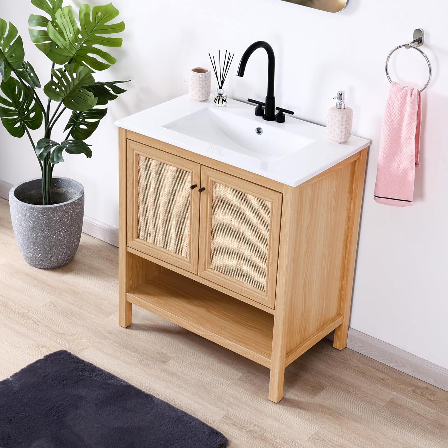 imageJONATHAN Y VAN1024B Jasper 30 in W x 18 in D x 33 in H Rattan Modern Coastal 2Shelf Bathroom Vanity Cabinet Only with Soft Closing Doors Sink Basin Not Included WalnutOak