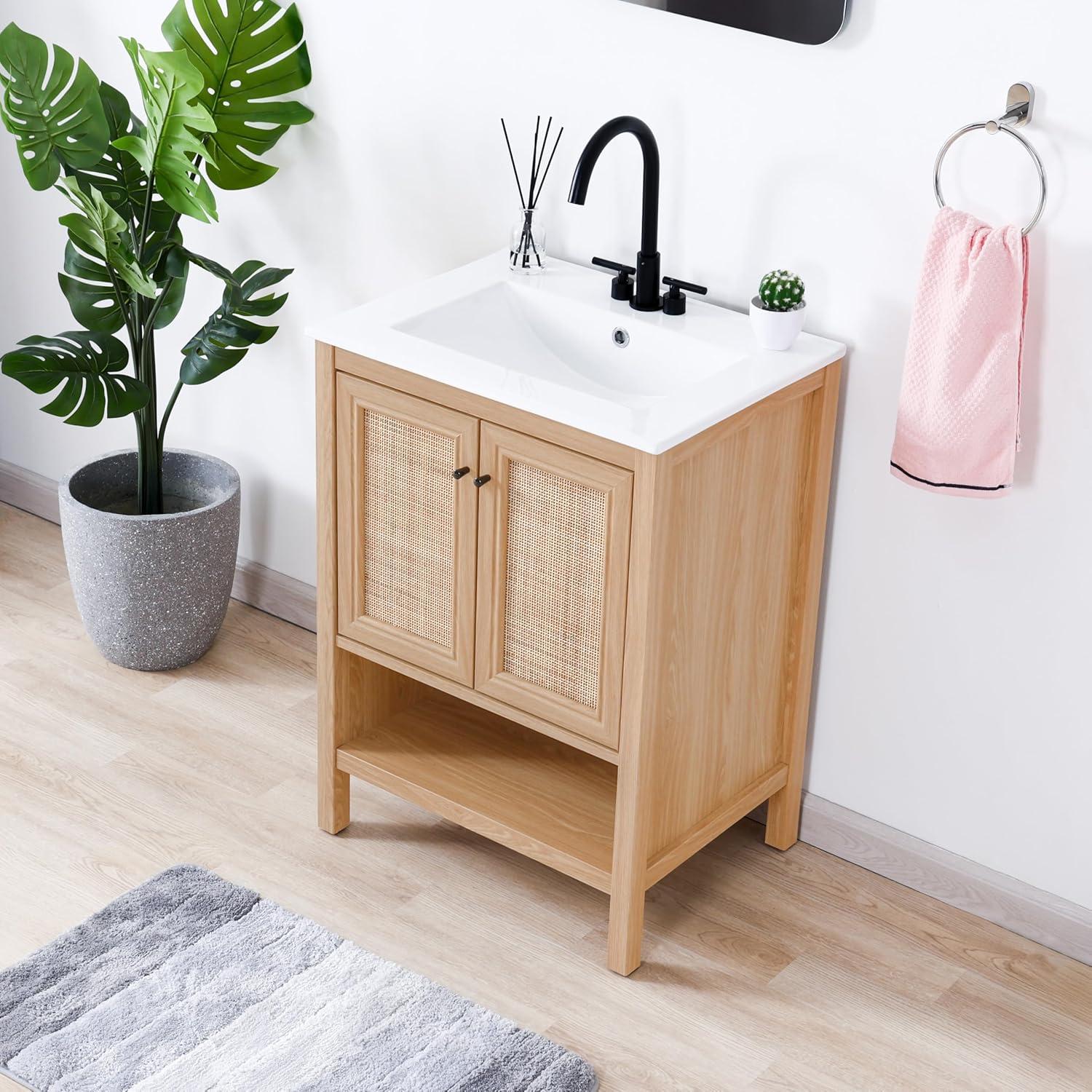 imageJONATHAN Y VAN1024B Jasper 30 in W x 18 in D x 33 in H Rattan Modern Coastal 2Shelf Bathroom Vanity Cabinet Only with Soft Closing Doors Sink Basin Not Included WalnutOak