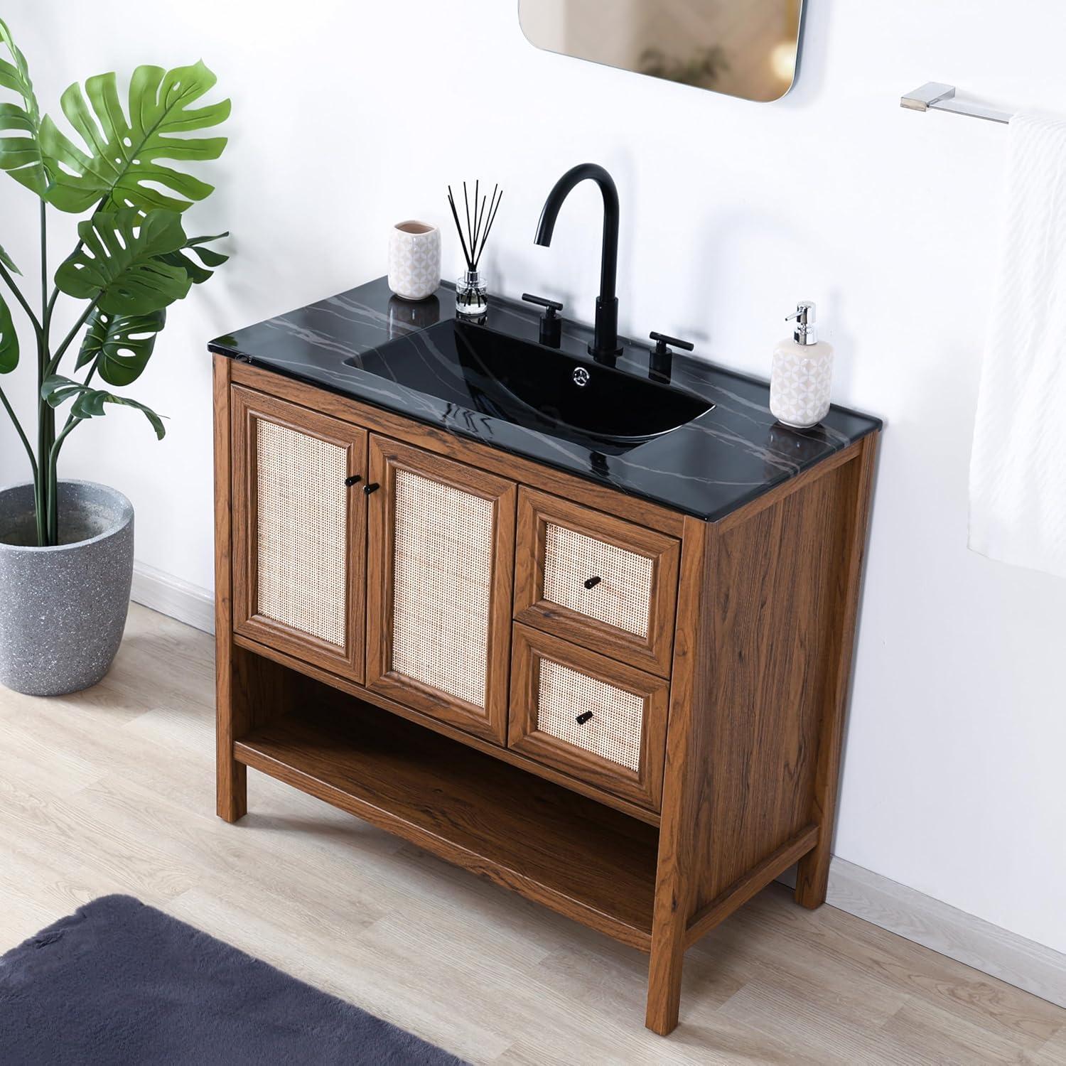 imageJONATHAN Y VAN1024B Jasper 30 in W x 18 in D x 33 in H Rattan Modern Coastal 2Shelf Bathroom Vanity Cabinet Only with Soft Closing Doors Sink Basin Not Included WalnutWalnut