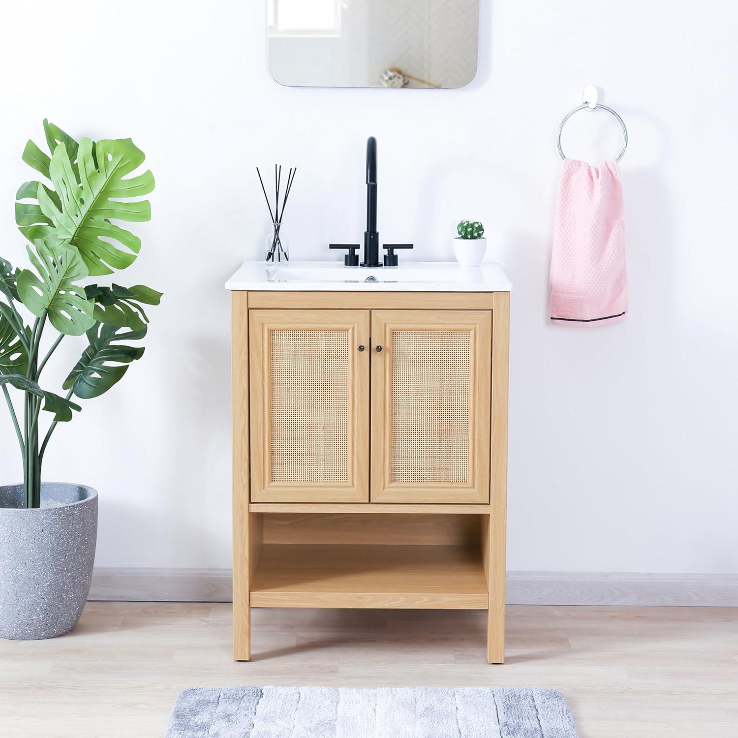 imageJONATHAN Y VAN1024B Jasper 30 in W x 18 in D x 33 in H Rattan Modern Coastal 2Shelf Bathroom Vanity Cabinet Only with Soft Closing Doors Sink Basin Not Included WalnutOak