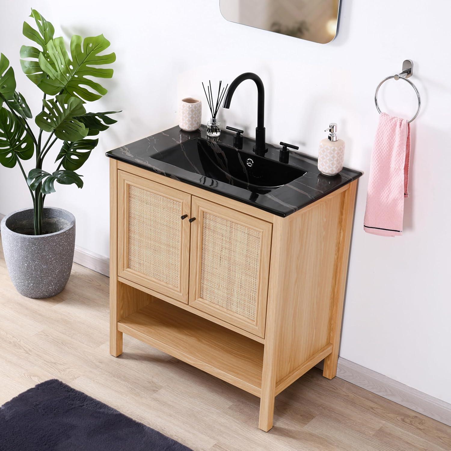 imageJONATHAN Y VAN1024B Jasper 30 in W x 18 in D x 33 in H Rattan Modern Coastal 2Shelf Bathroom Vanity Cabinet Only with Soft Closing Doors Sink Basin Not Included WalnutOak