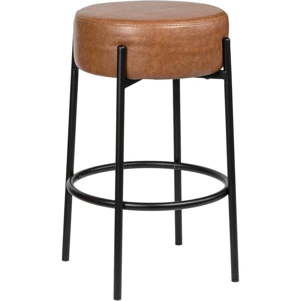 imageJONATHAN Y BSL2000A Paola 30quot Modern Minimalist Round Backless MetalVegan Leather Cushioned Bar Stool for Home Kitchen Dining Room Workspaces Caramel BrownBlackCaramel Brown