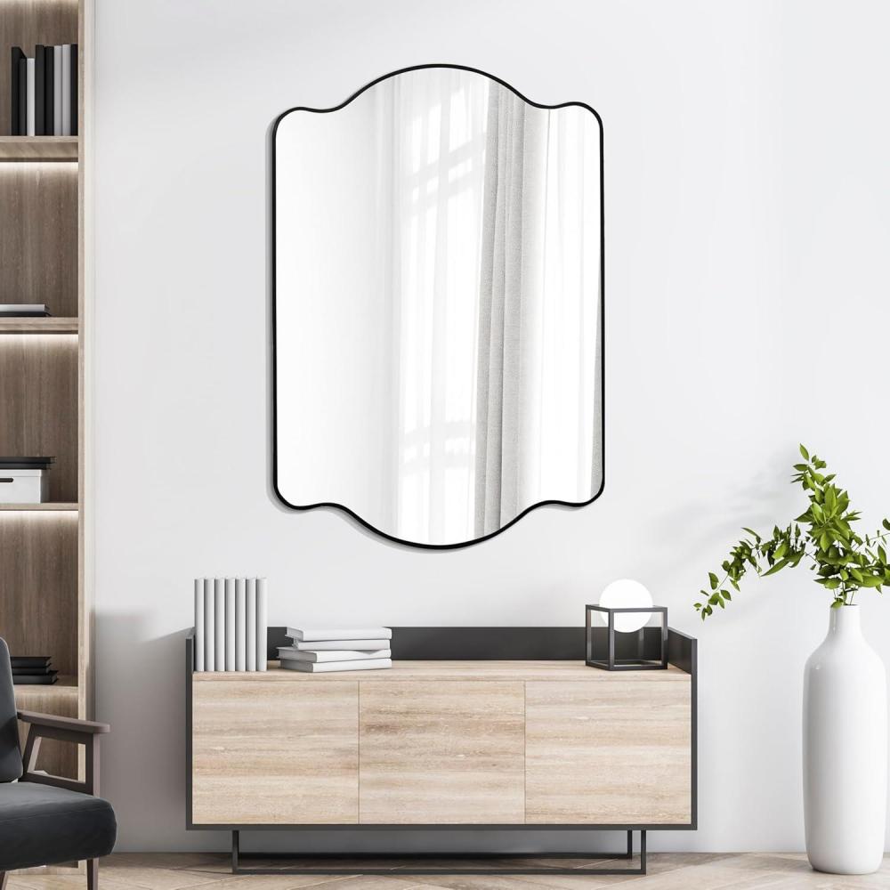 imageJONATHAN Y MIR205B Louisa 24 in W x 36 in H Medium Scalloped Rectangular Metal Framed Wall Mirror for Bathroom Living Room Bedroom NickelBlack