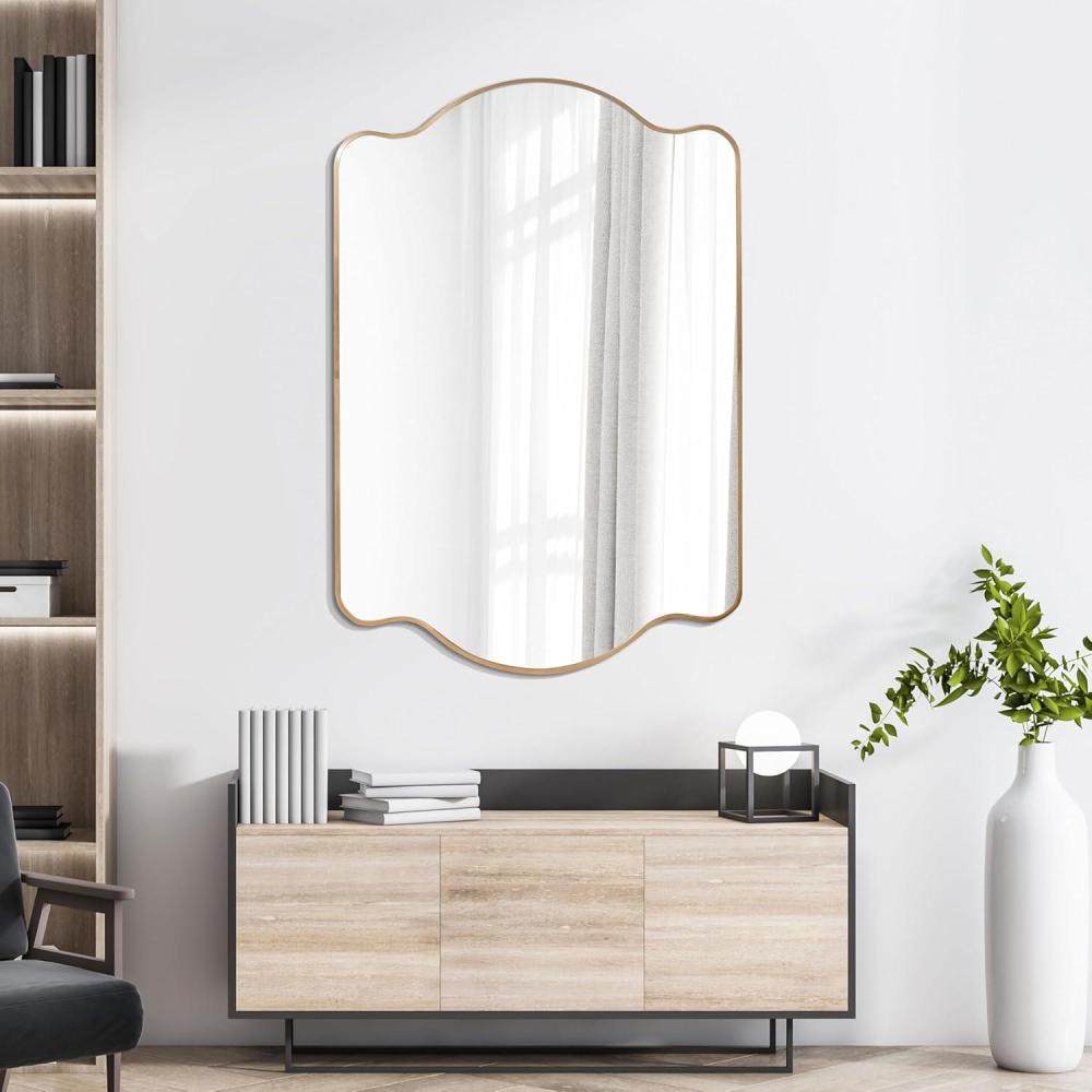 imageJONATHAN Y MIR205B Louisa 24 in W x 36 in H Medium Scalloped Rectangular Metal Framed Wall Mirror for Bathroom Living Room Bedroom NickelGold