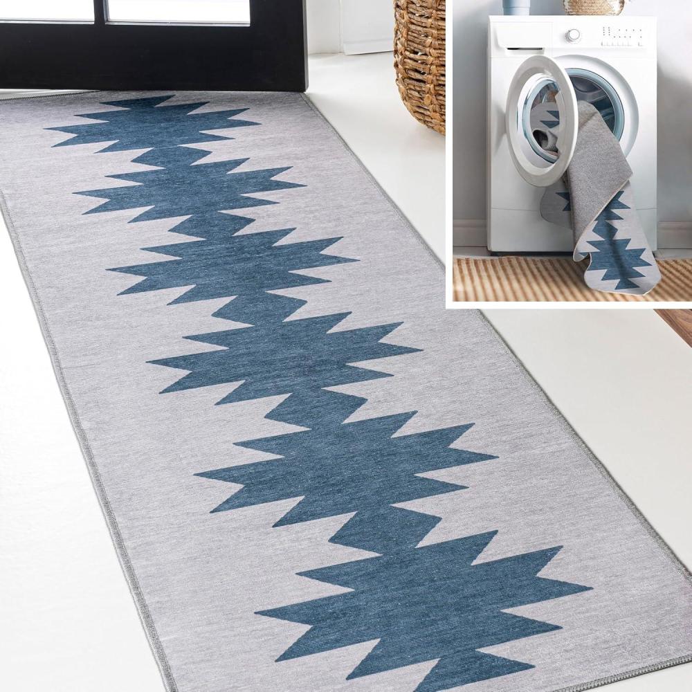 imageJONATHAN Y Machine Washable MossCream Indoor Area Rug 5X8 ft Chayton Minimalist Geometric for Living Room Bedroom Kitchen Office EasyCleaning PetFriendly NonShedding WSH110B5GrayBlue