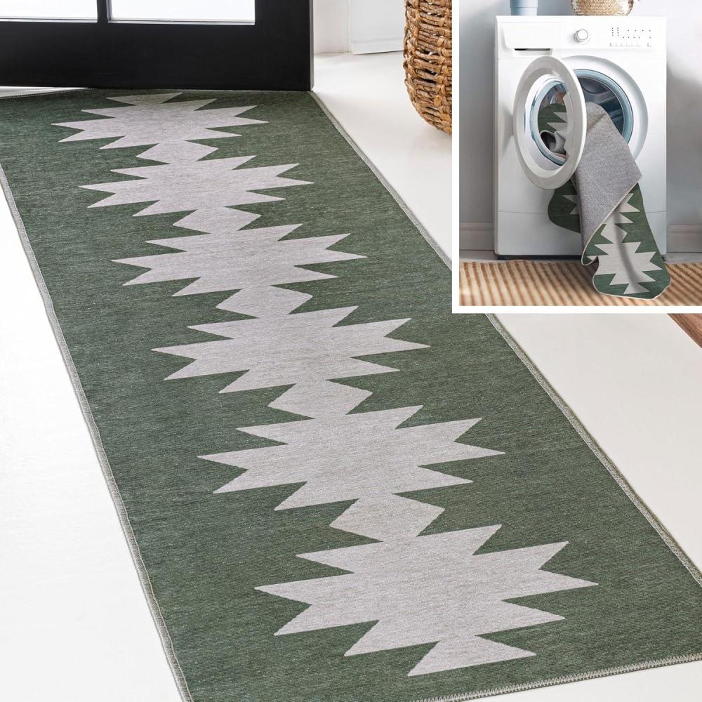 imageJONATHAN Y Machine Washable MossCream Indoor Area Rug 5X8 ft Chayton Minimalist Geometric for Living Room Bedroom Kitchen Office EasyCleaning PetFriendly NonShedding WSH110B5Dark GreenLight Gray