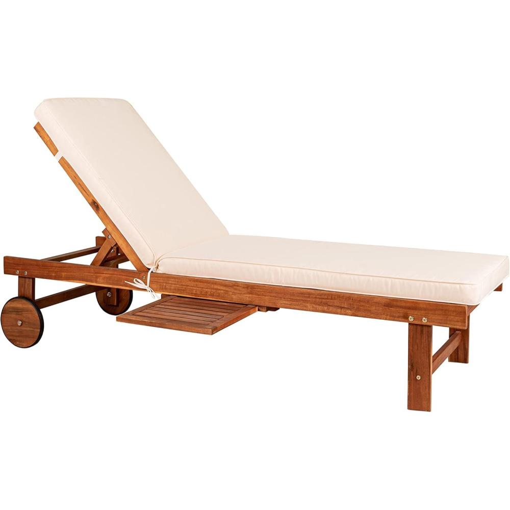 imageJONATHAN Y PAT1003B Seabrook 69 x 24 Inch Outdoor Acacia Wood Lounger with Cushion 5Position Back Slide Table ampamp Wheels for Garden Lawn Backyard Pool Deck Beach Firepit Light BrownLight Brown