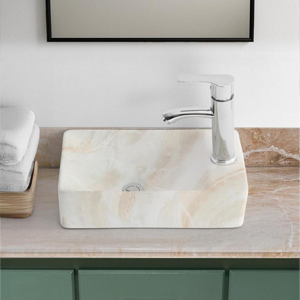 imageJONATHAN Y SNK1004CR Felix 15 in W x 8 in D Modern Wall Mounted Rectangular Ceramic Mini Sink Basin RightSide Faucet White Marble EffectBeige Marble Effect