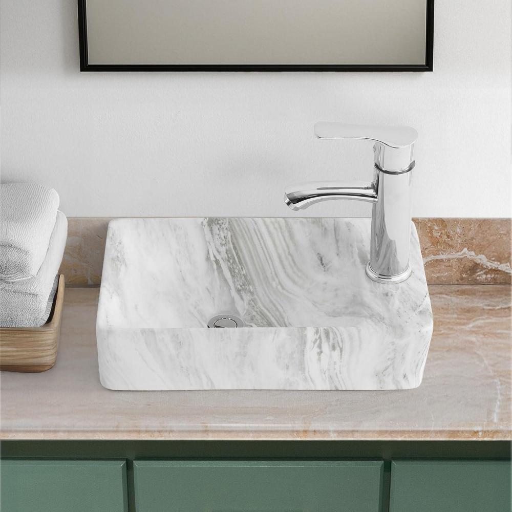 imageJONATHAN Y SNK1004CR Felix 15 in W x 8 in D Modern Wall Mounted Rectangular Ceramic Mini Sink Basin RightSide Faucet White Marble EffectGrey Marble Effect