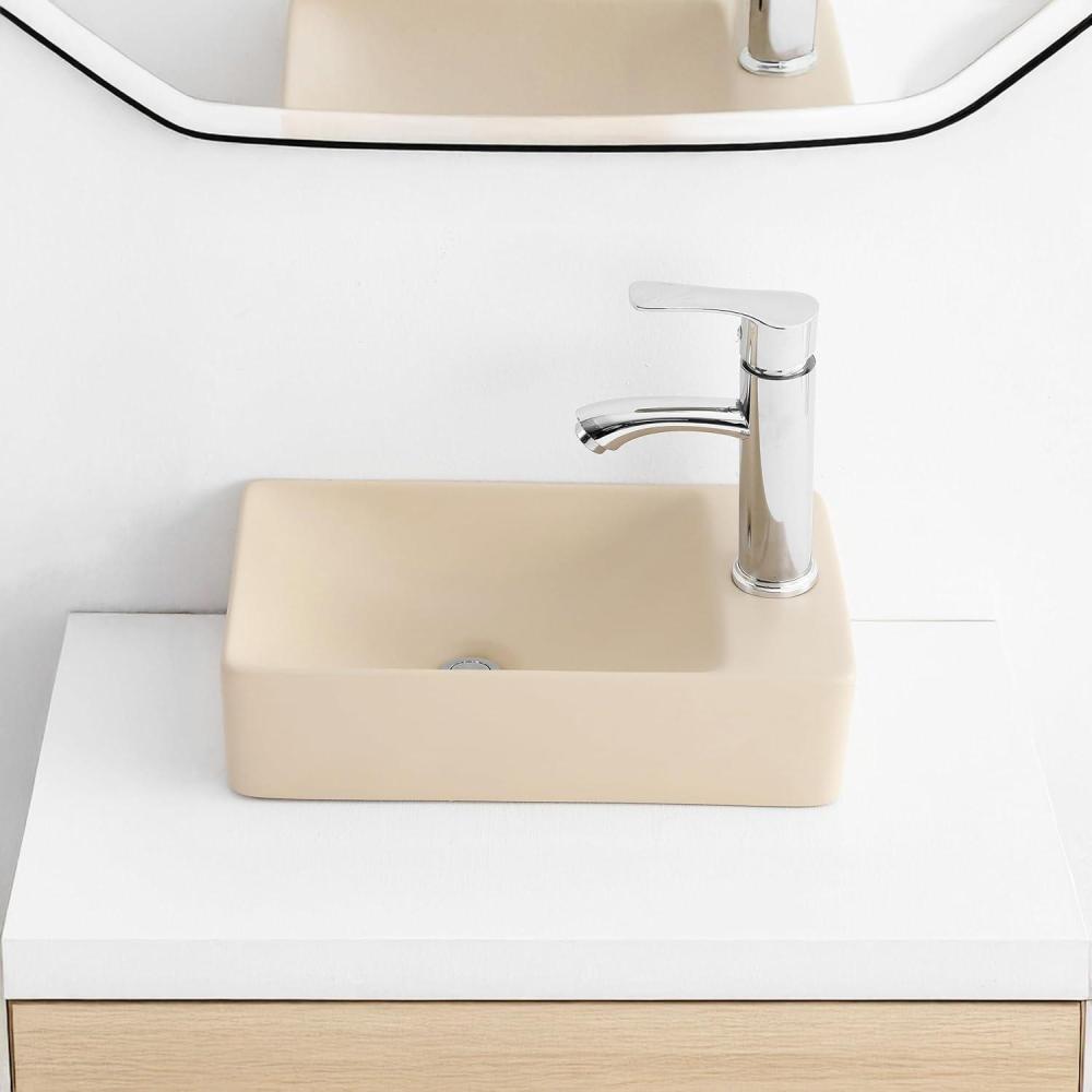 imageJONATHAN Y SNK1004CR Felix 15 in W x 8 in D Modern Wall Mounted Rectangular Ceramic Mini Sink Basin RightSide Faucet White Marble EffectMatte Beige