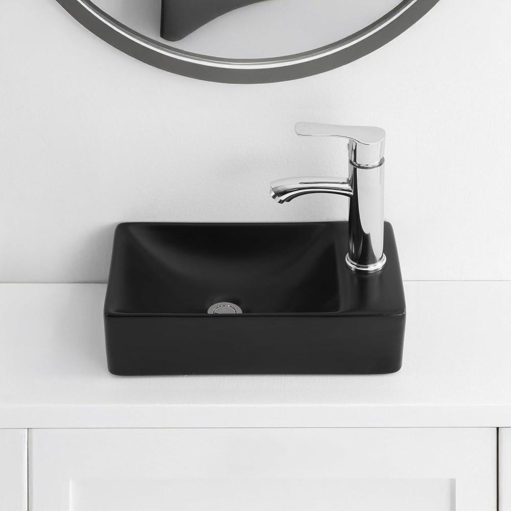 imageJONATHAN Y SNK1004CR Felix 15 in W x 8 in D Modern Wall Mounted Rectangular Ceramic Mini Sink Basin RightSide Faucet White Marble EffectMatte Black
