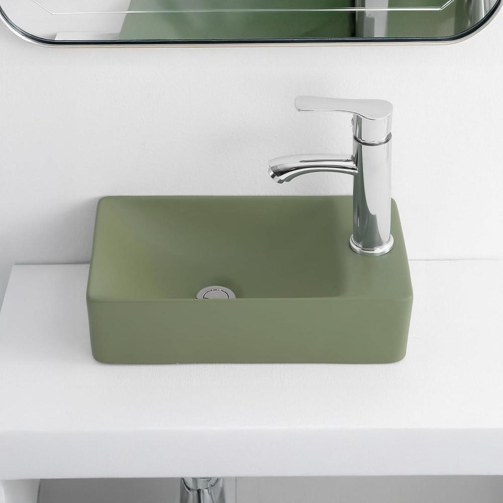 imageJONATHAN Y SNK1004CR Felix 15 in W x 8 in D Modern Wall Mounted Rectangular Ceramic Mini Sink Basin RightSide Faucet White Marble EffectMatte Olive