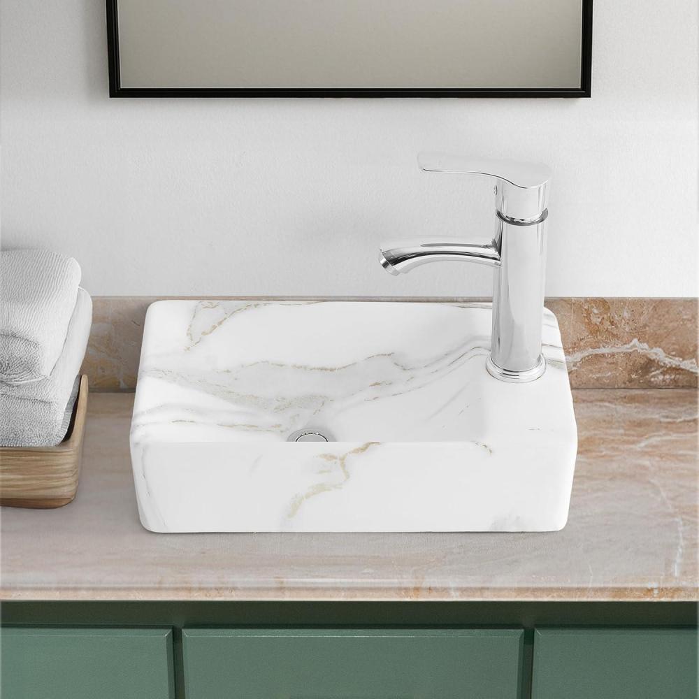 imageJONATHAN Y SNK1004CR Felix 15 in W x 8 in D Modern Wall Mounted Rectangular Ceramic Mini Sink Basin RightSide Faucet White Marble EffectWhite Marble Effect