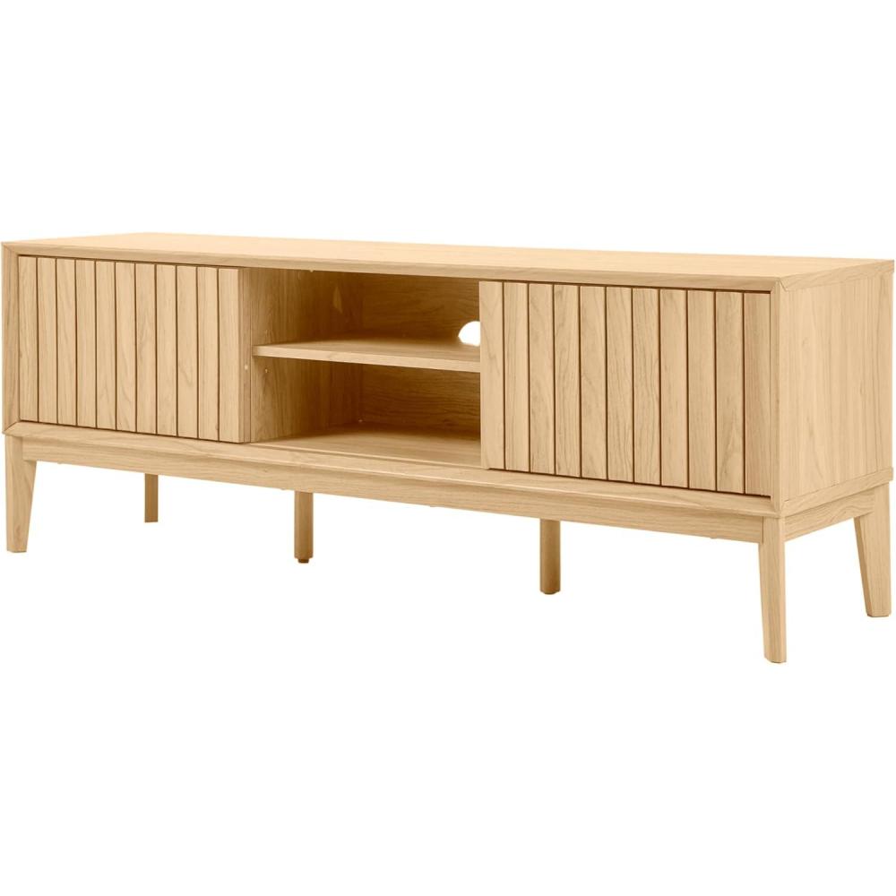 imageJONATHAN Y TVS1000B Gennaro 58 in Farmhouse 3Storage Sliding Door TV Stand Fits TVs up to 65 in with Cable Management Walnut Entertainment Center with Storage for Living Room BedroomOak