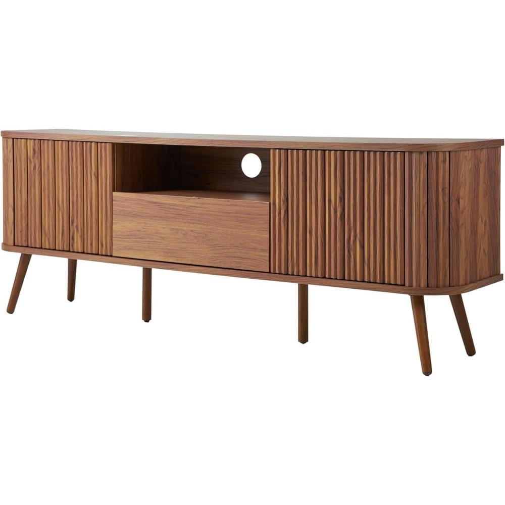 imageJONATHAN Y TVS1001A Damien 70 in Farmhouse Curved TV Stand with Drawer and Storage Doors Fits TVs up to 75 in with Cable Management Oak for Living Room Bedroom Dining RoomWalnut