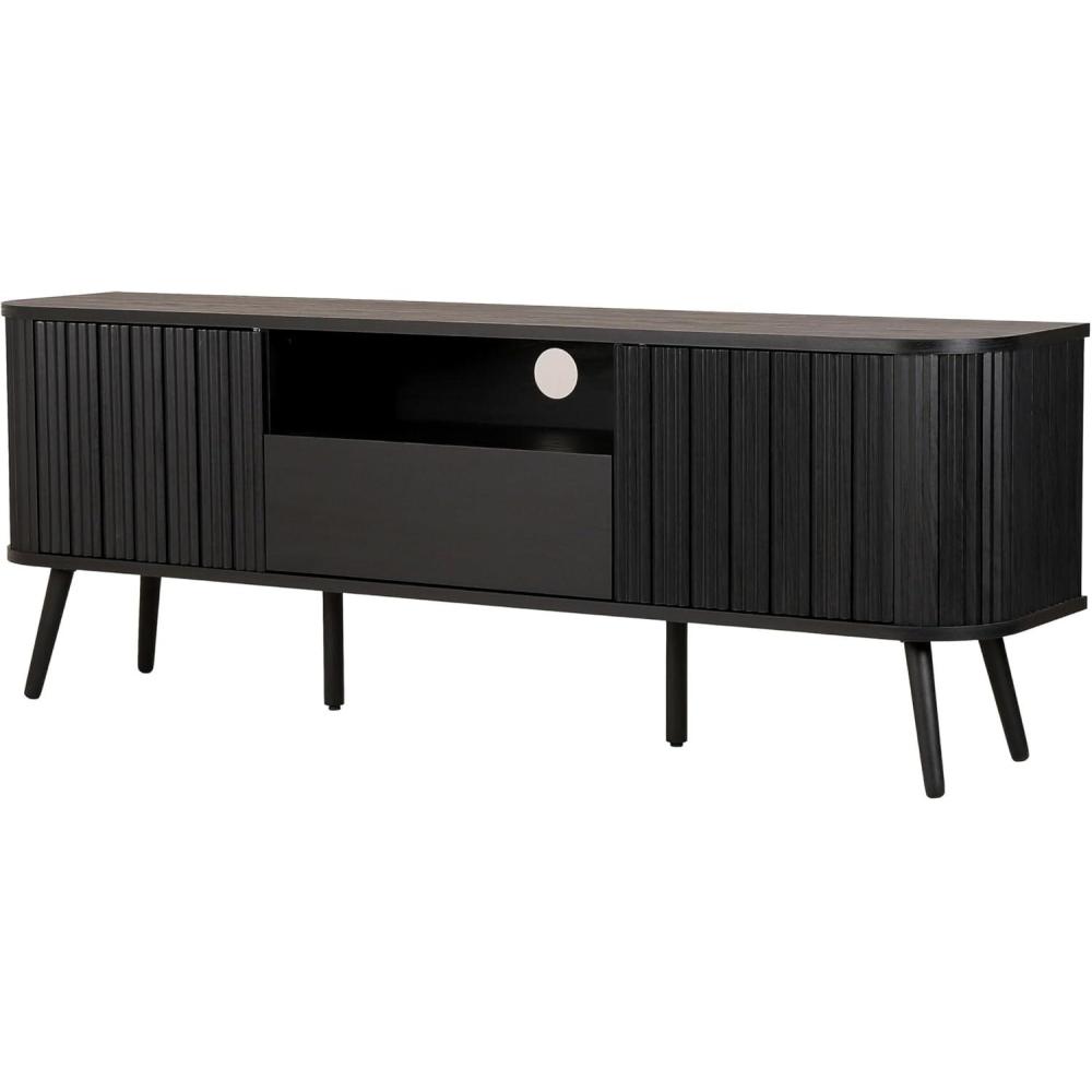 imageJONATHAN Y TVS1001A Damien 70 in Farmhouse Curved TV Stand with Drawer and Storage Doors Fits TVs up to 75 in with Cable Management Oak for Living Room Bedroom Dining RoomBlack