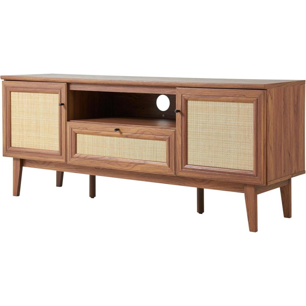 imageJONATHAN Y TVS1002A Finley 59 in Farmhouse Caned TV Stand with Drawer and Storage Doors Fits TVs up to 65 in with Cable Management OakWalnut