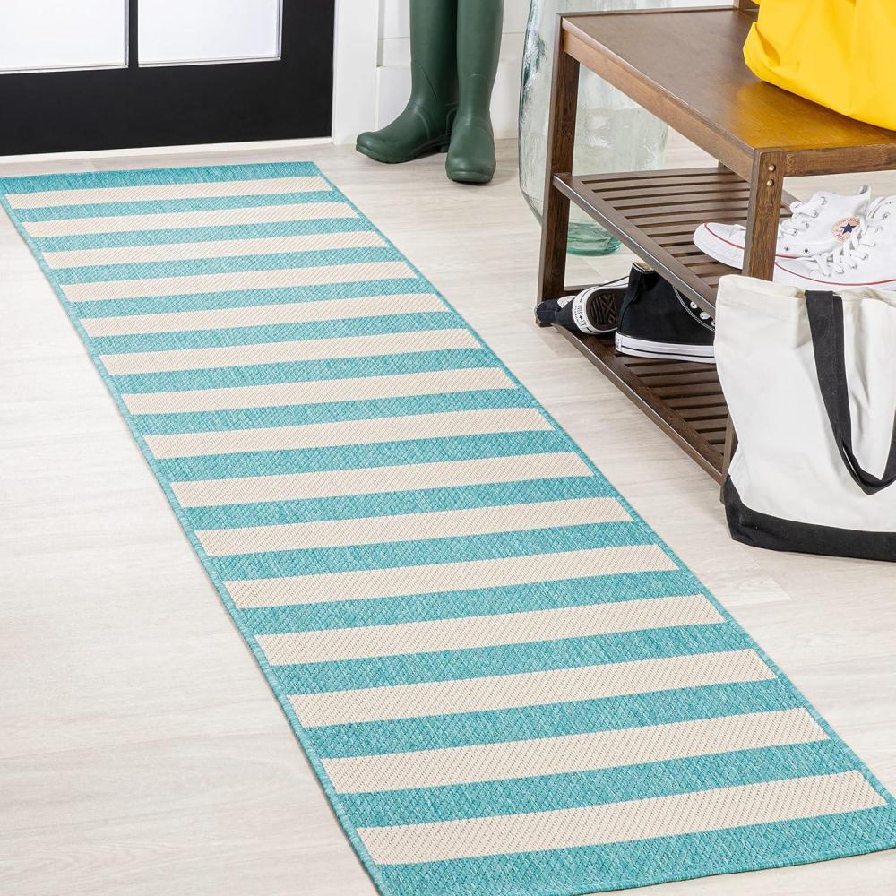 imageJONATHAN Y TwoTone Wide Stripe Indoor Outdoor Area Rug 8X10 AquaCream Negril for Backyard Patio Porch EasyCleaning High Traffic PetFriendly NonShedding SMB203E8AquaCream