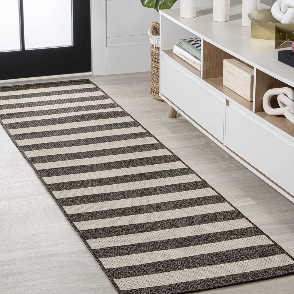 imageJONATHAN Y TwoTone Wide Stripe Indoor Outdoor Area Rug 8X10 AquaCream Negril for Backyard Patio Porch EasyCleaning High Traffic PetFriendly NonShedding SMB203E8BlackBeige