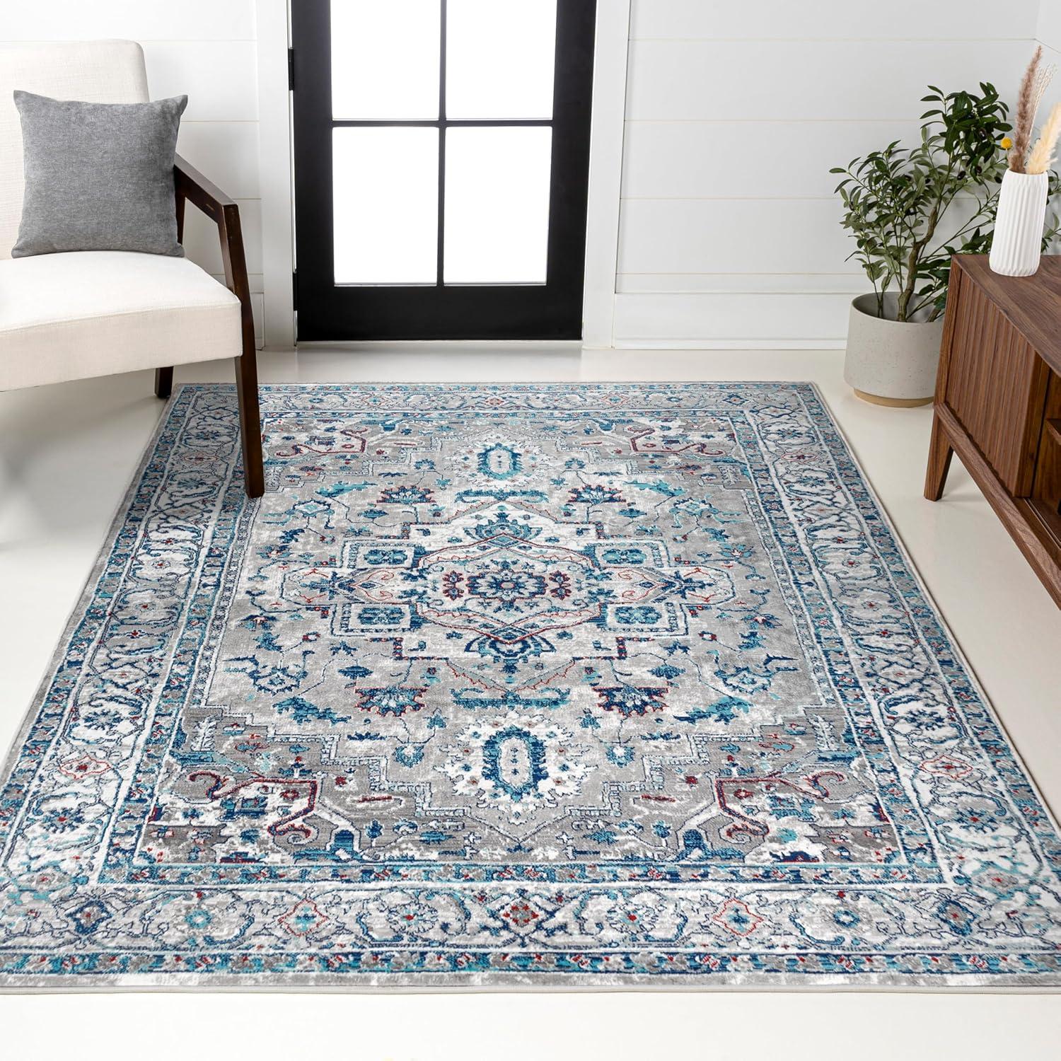 imageJONATHAN Y Modern Vintage Medallion GrayIvory 5 Round Indoor Area Rug Country Floral EasyCleaning for Living Room Bedroom Kitchen Pet Friendly NonShedding MDP105B5RLight Grey Blue