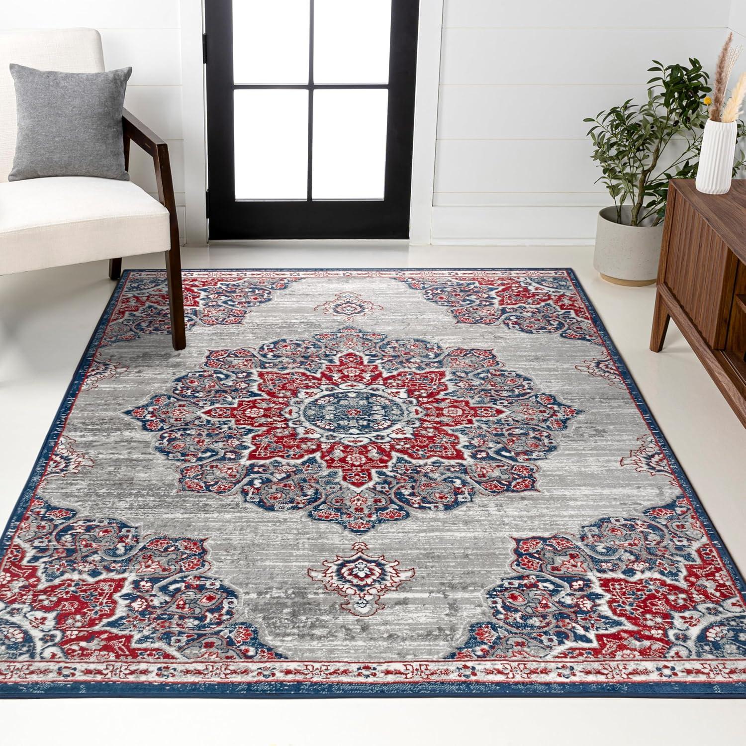 imageJONATHAN Y Modern Vintage Moroccan Medallion Light Gray 5 Round Indoor Area Rug Country Floral EasyCleaning for Living Room Bedroom Kitchen Pet Friendly NonShedding MDP103B5RNavyRed