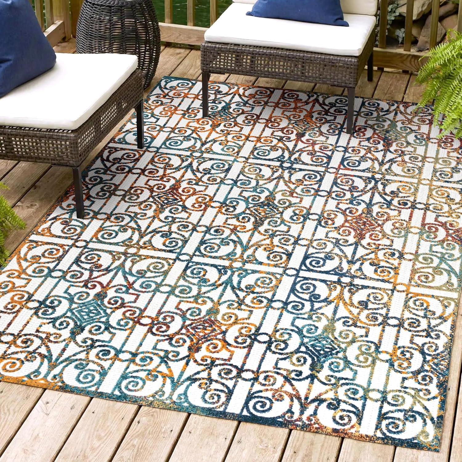 imageJONATHAN Y Ornate Trellis Indoor Outdoor Runner Rug 2X8 CreamBlueOrange Cetara for Backyard Patio Porch EasyCleaning High Traffic PetFriendly NonShedding AMC111A283 x 5 Rectangular