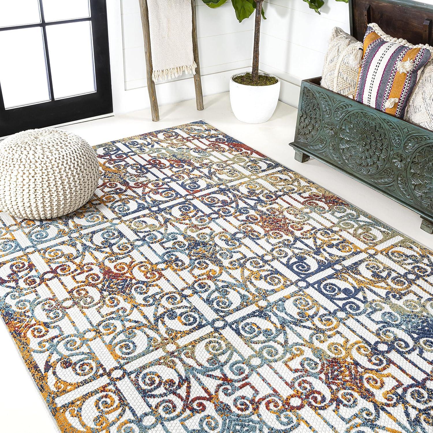 imageJONATHAN Y Ornate Trellis Indoor Outdoor Runner Rug 2X8 CreamBlueOrange Cetara for Backyard Patio Porch EasyCleaning High Traffic PetFriendly NonShedding AMC111A283 x 5 Rectangular