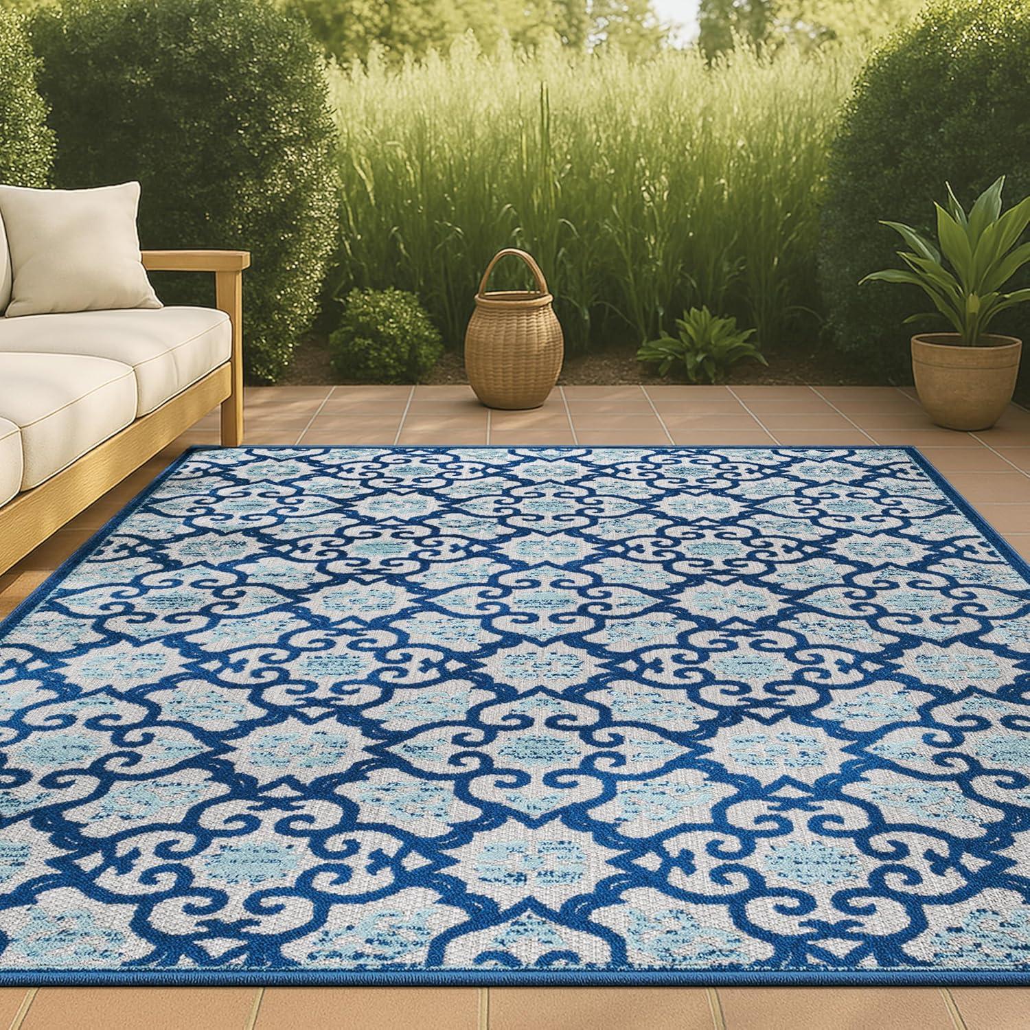 imageJONATHAN Y Tile Trellis Indoor Outdoor Runner Rug 2X8 Light GrayBlue Gallia HighLow for Backyard Patio Porch EasyCleaning High Traffic PetFriendly NonShedding AMC107B28Light GrayBlue