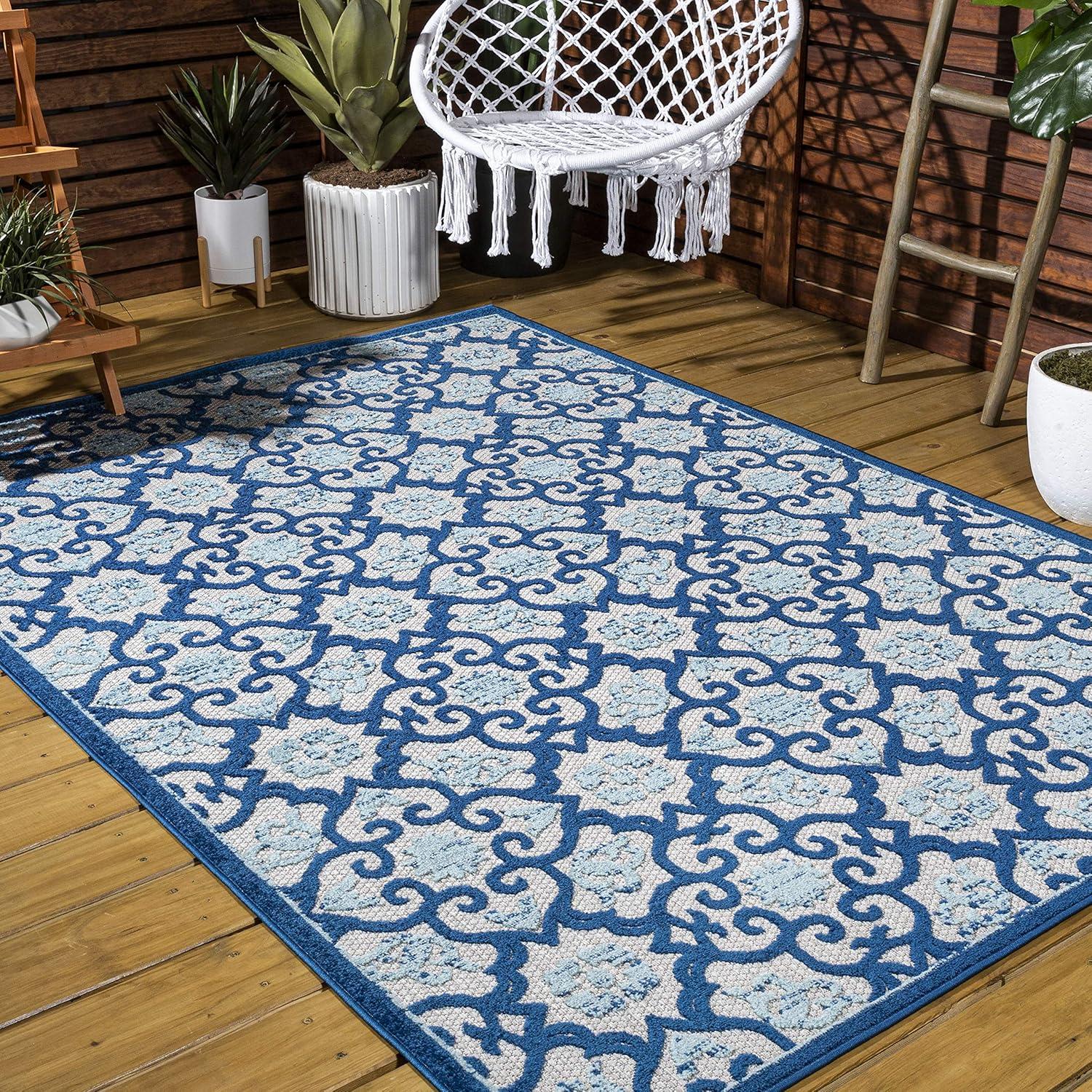imageJONATHAN Y Tile Trellis Indoor Outdoor Runner Rug 2X8 Light GrayBlue Gallia HighLow for Backyard Patio Porch EasyCleaning High Traffic PetFriendly NonShedding AMC107B28Light GrayBlue