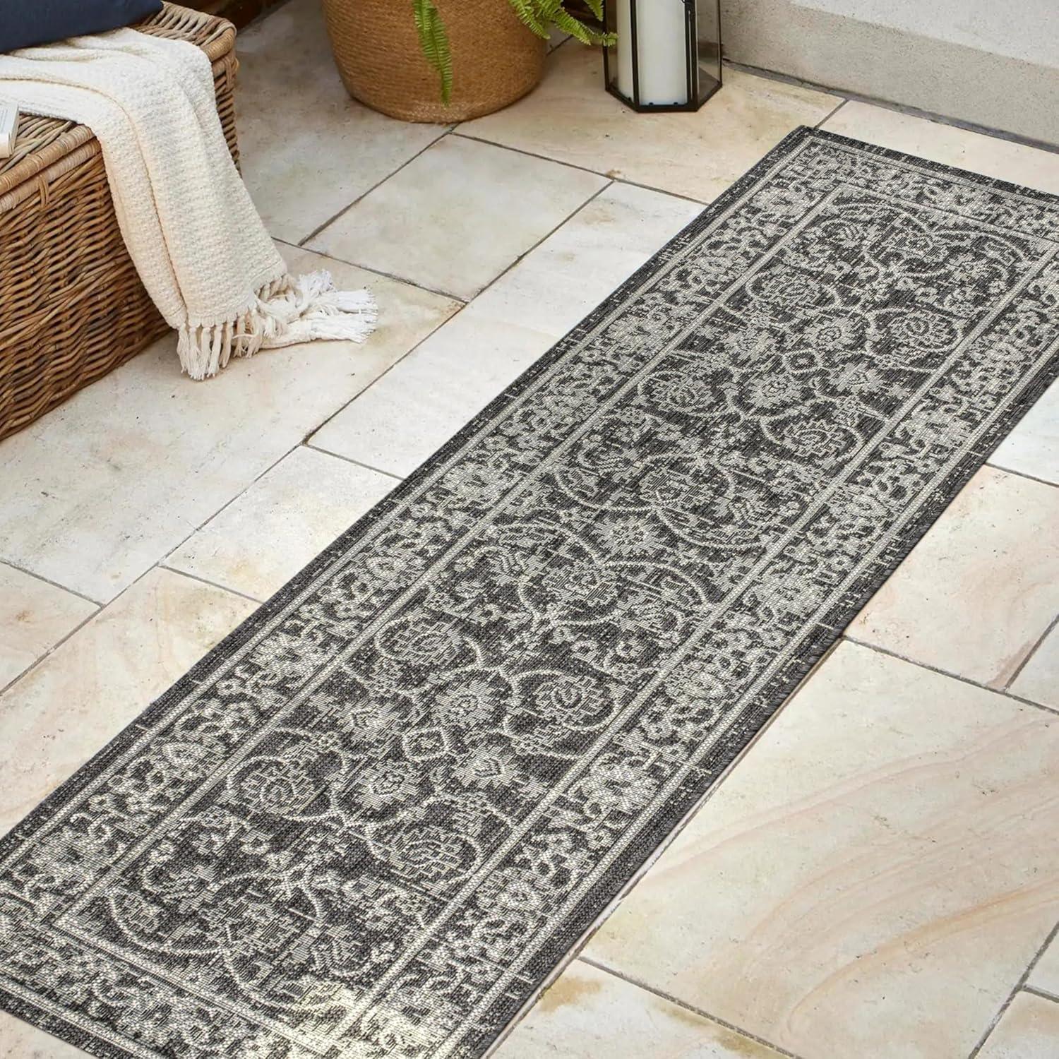 imageJONATHAN Y Vine ampamp Border Indoor Outdoor Runner Rug 2X8 NavyGray Palazzo Textured Weave for Backyard Patio Porch EasyCleaning High Traffic PetFriendly NonShedding SMB103A28BlackGray