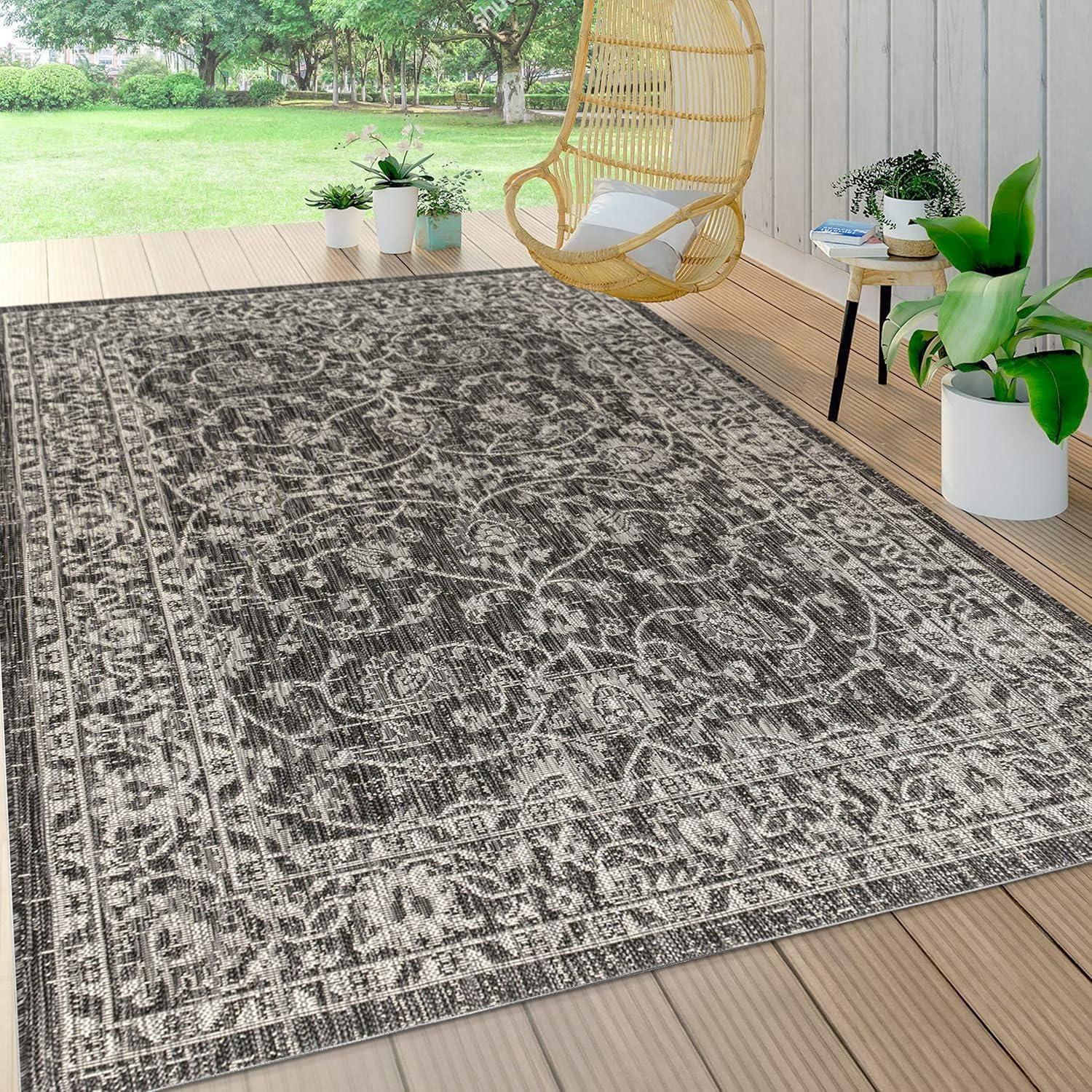 imageJONATHAN Y Vine ampamp Border Indoor Outdoor Runner Rug 2X8 NavyGray Palazzo Textured Weave for Backyard Patio Porch EasyCleaning High Traffic PetFriendly NonShedding SMB103A28BlackGray