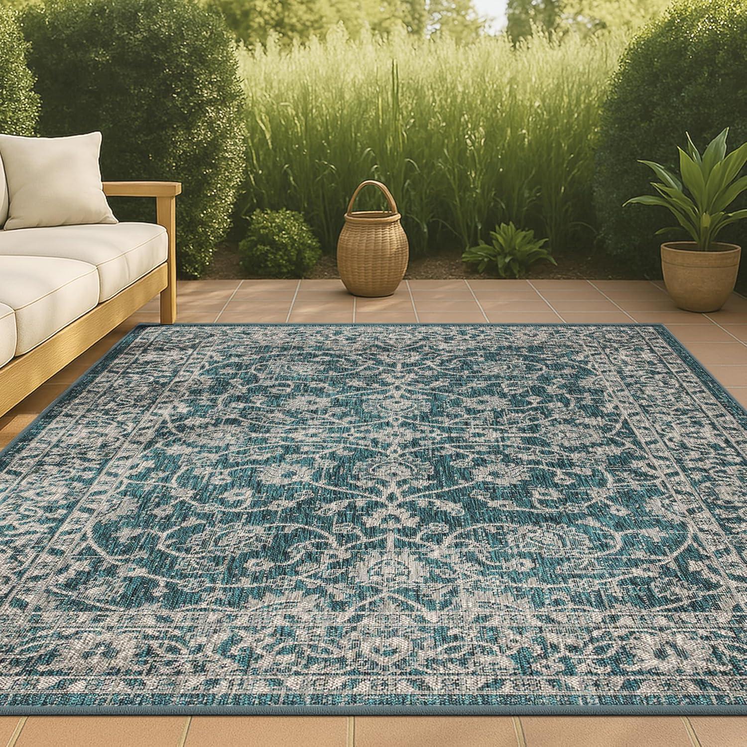 imageJONATHAN Y Vine ampamp Border Indoor Outdoor Runner Rug 2X8 NavyGray Palazzo Textured Weave for Backyard Patio Porch EasyCleaning High Traffic PetFriendly NonShedding SMB103A28TealGray