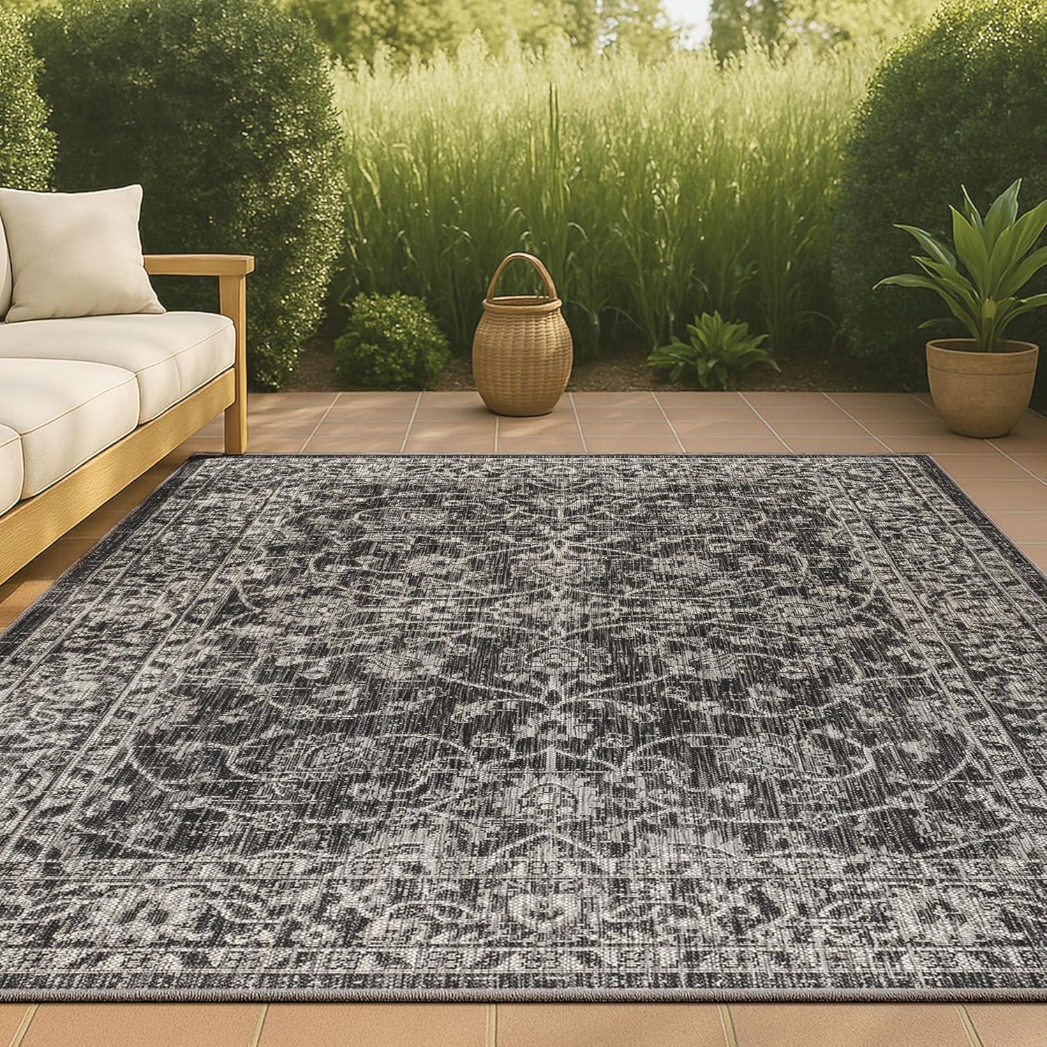 imageJONATHAN Y Vine ampamp Border Indoor Outdoor Runner Rug 2X8 NavyGray Palazzo Textured Weave for Backyard Patio Porch EasyCleaning High Traffic PetFriendly NonShedding SMB103A28BlackGray