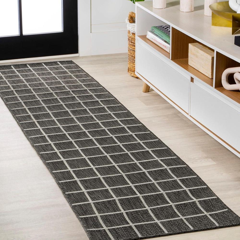 imageJONATHAN Y Grid Squares Indoor Outdoor Runner Rug 2X8 CreamBlack Modern for Backyard Patio Porch EasyCleaning High Traffic PetFriendly NonShedding SMB200A28BlackCream